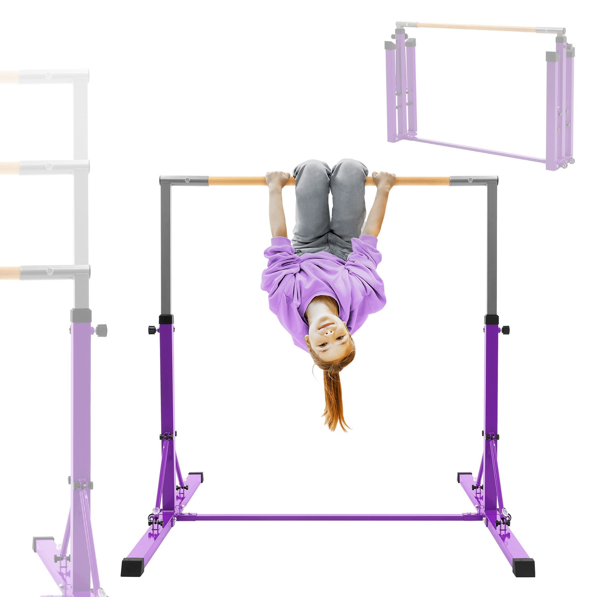 Hauki Turnreck Kinder Gymnastik Turnstangen Trainingsgeräte bis 100kg Indoor/Outdoor, Heimtraining Reckstange faltbar & höhenverstellbar 95,5-150cm Lila
