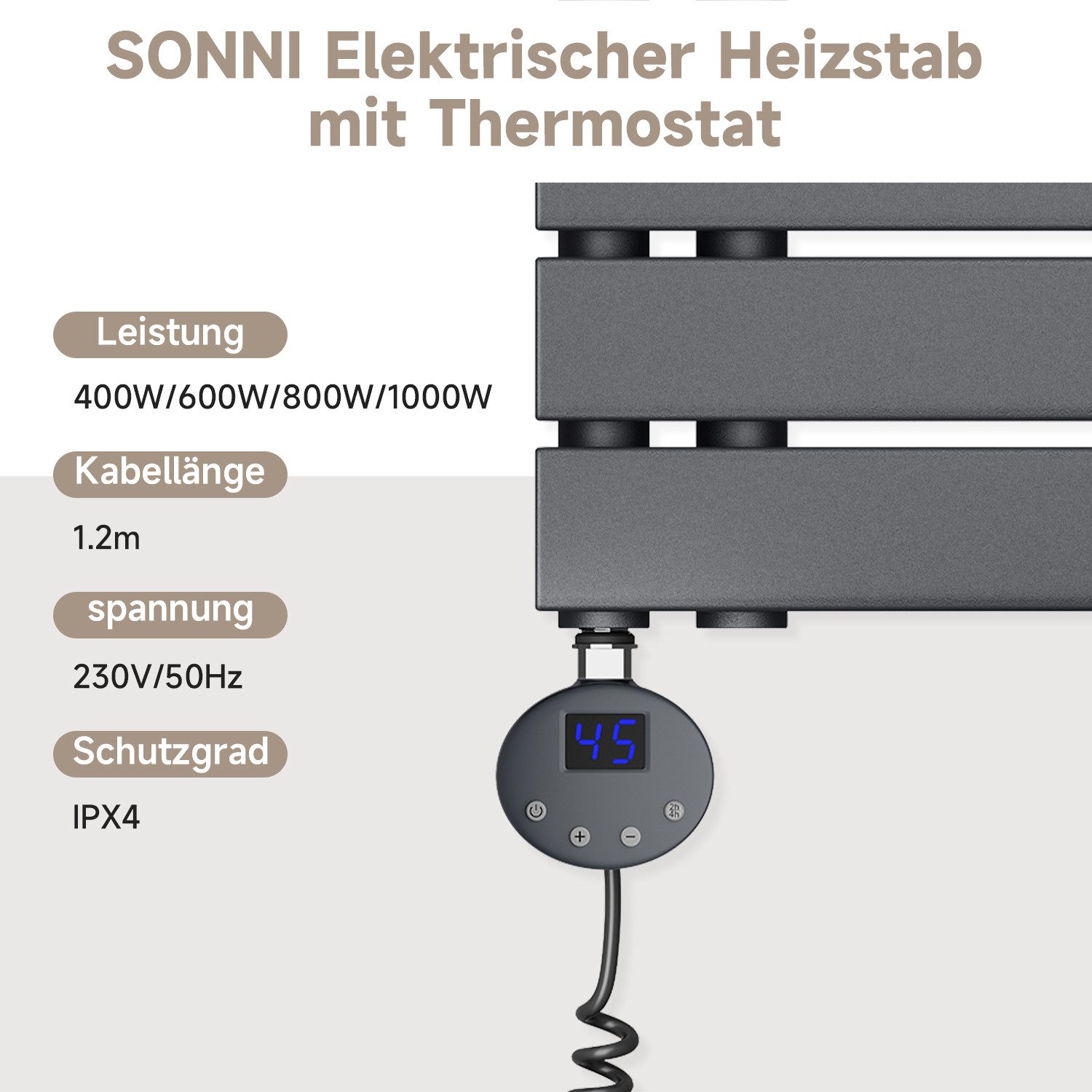 SONNI Designheizkörper Handtuchheizkörper Elektrisch, programmierbarer Zeit und Temperatur
