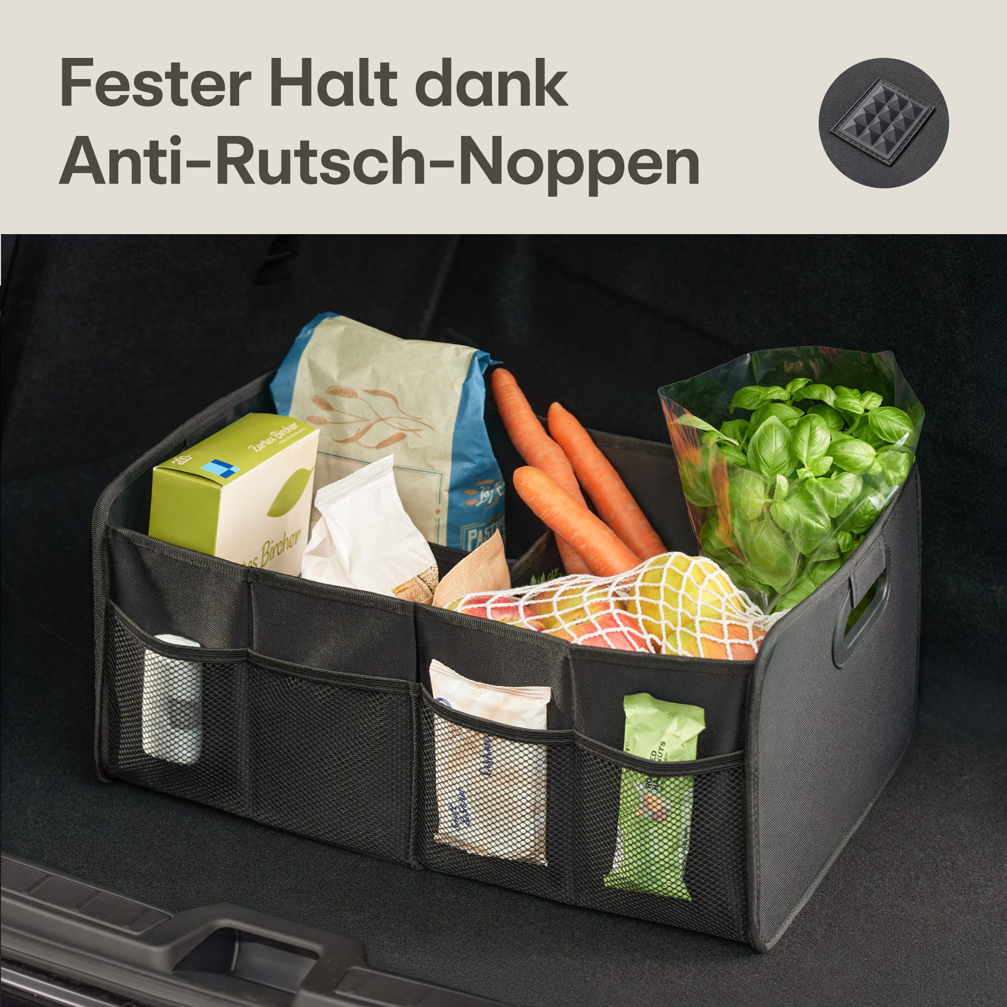 Praknu Trunk Mat, Foldable Trunk Organizer – 3 Compartments with 5 Pockets – Non-Slip (1 pc), Ideal Size for Cars – Robust & Water-Repellent Oxford Fabric