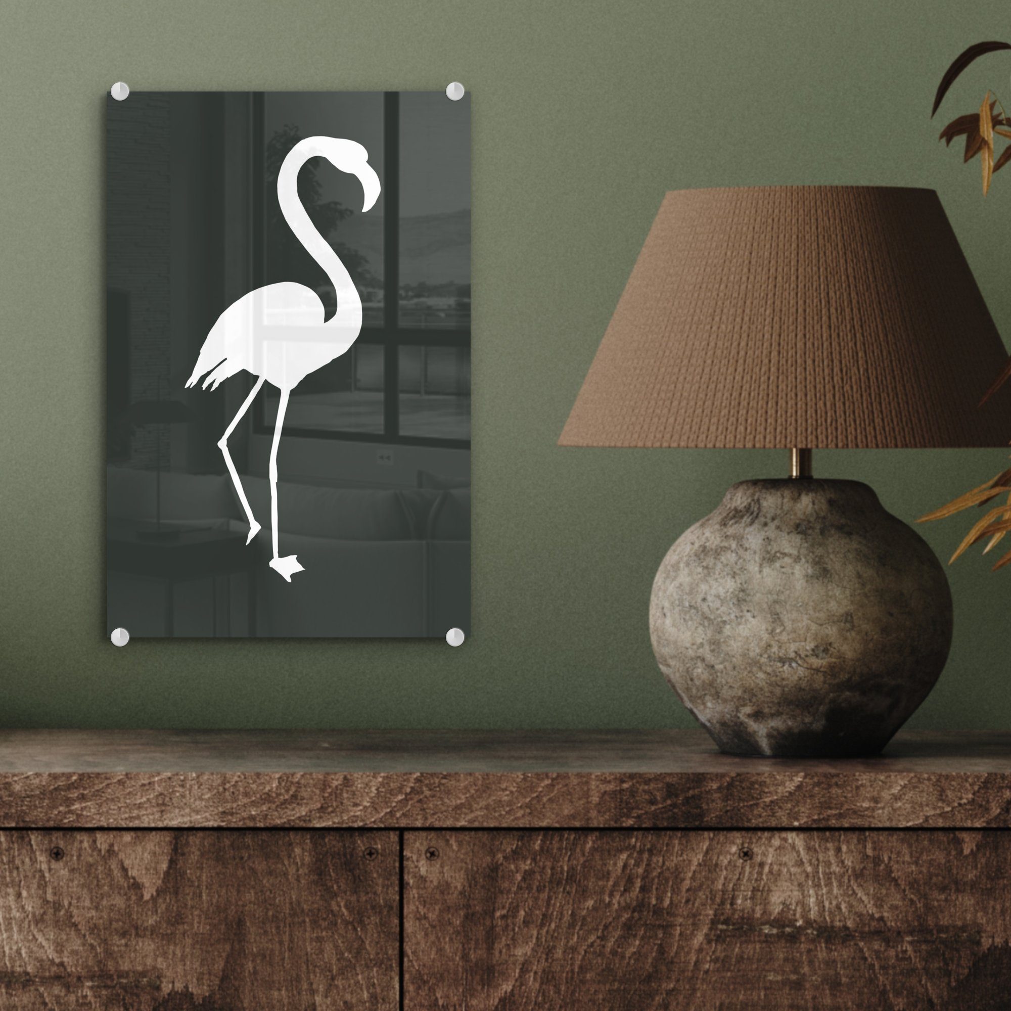 MuchoWow Acrylglasbild Scherenschnitt - Flamingo Glas Weiß, St), - Glas Foto Bilder - auf bunt Glasbilder - Wanddekoration Wandbild (1 auf 