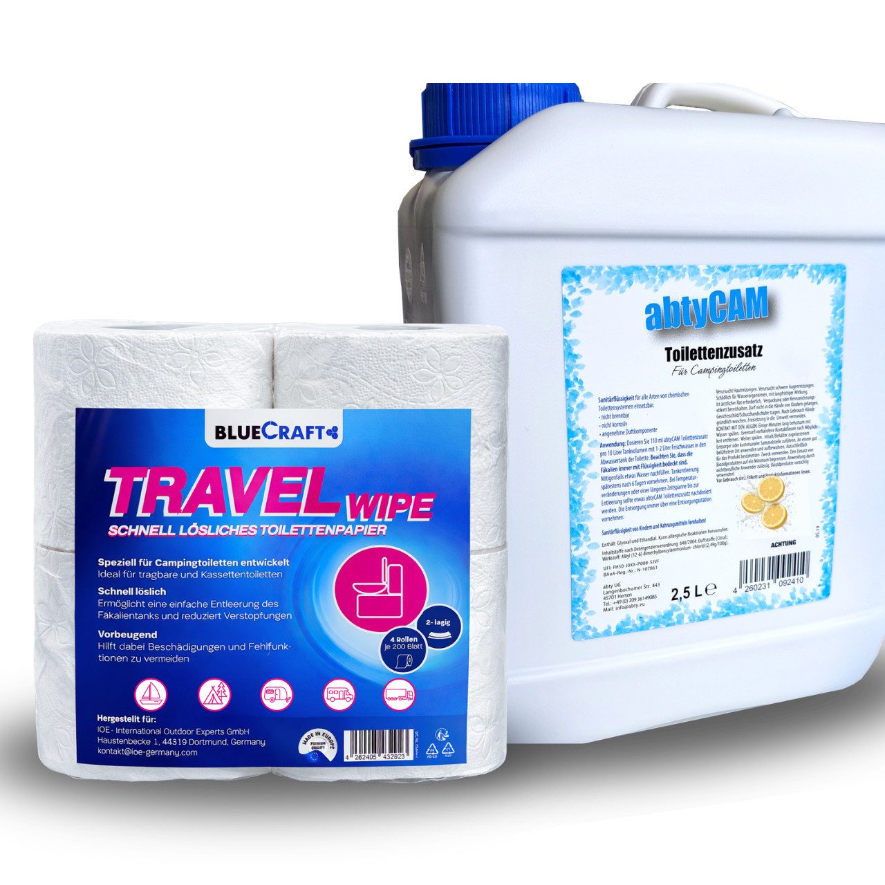 BlueCraft Sanitärflüssigkeit 2,5 L für mobile Camping Toiletten Sanitärzusatz Campingtoilettenreiniger (Toilettenzusatz WC Konzentrat mit Citronenduft Inkl. 4 Rollen Toilettenpapier, [- Sanitärkonzentrat für Abwassertank Zusatz für Chemietoiletten)