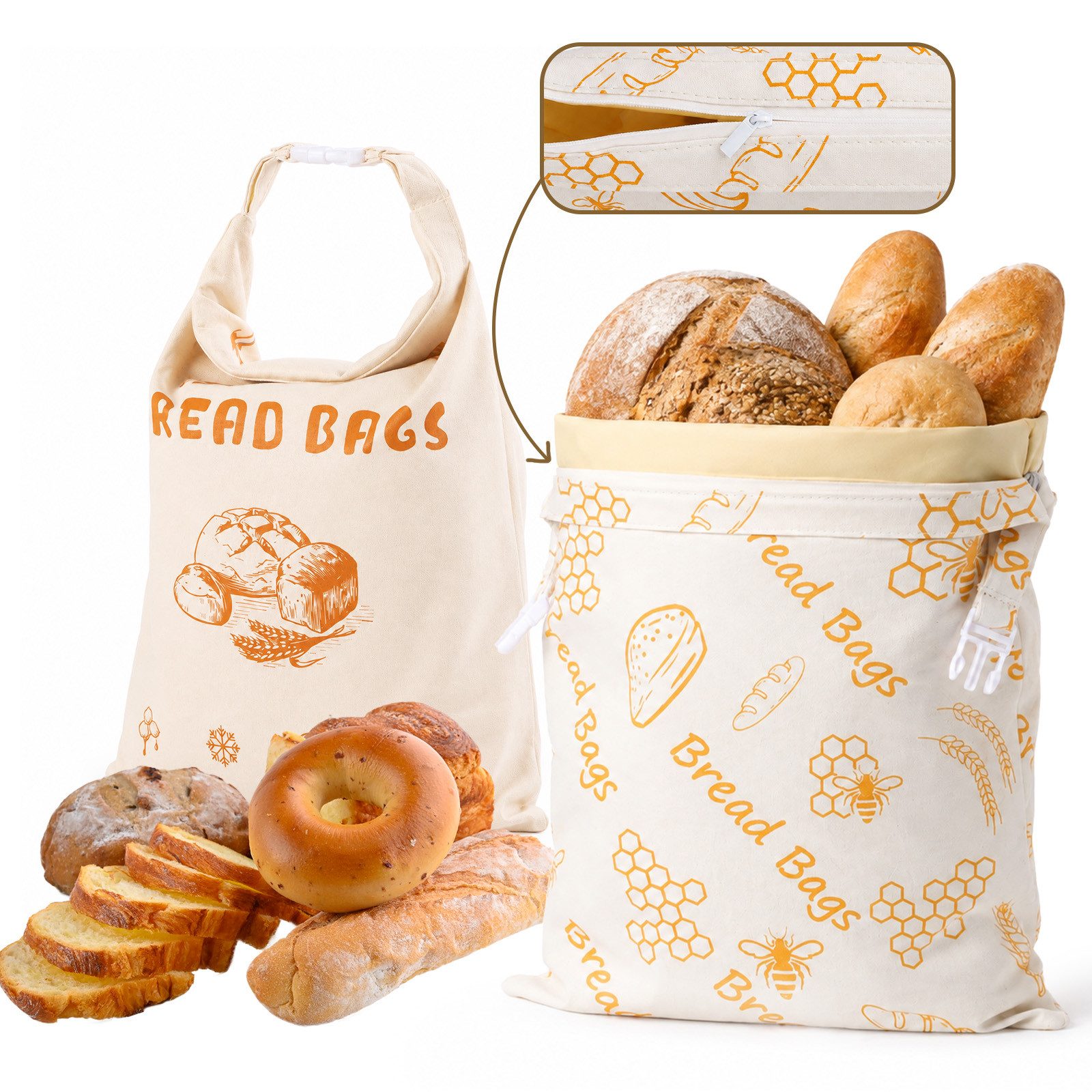 JOYOLEDER Brottasche Bienenwachs Brotbeutel 2 Stück, 43×34 cm Wiederverwendbar, (für Brot, Brotbeutel Aufbewahrung Frischhalten, mit Reißverschluss, zur Aufbewahrung von Brot)