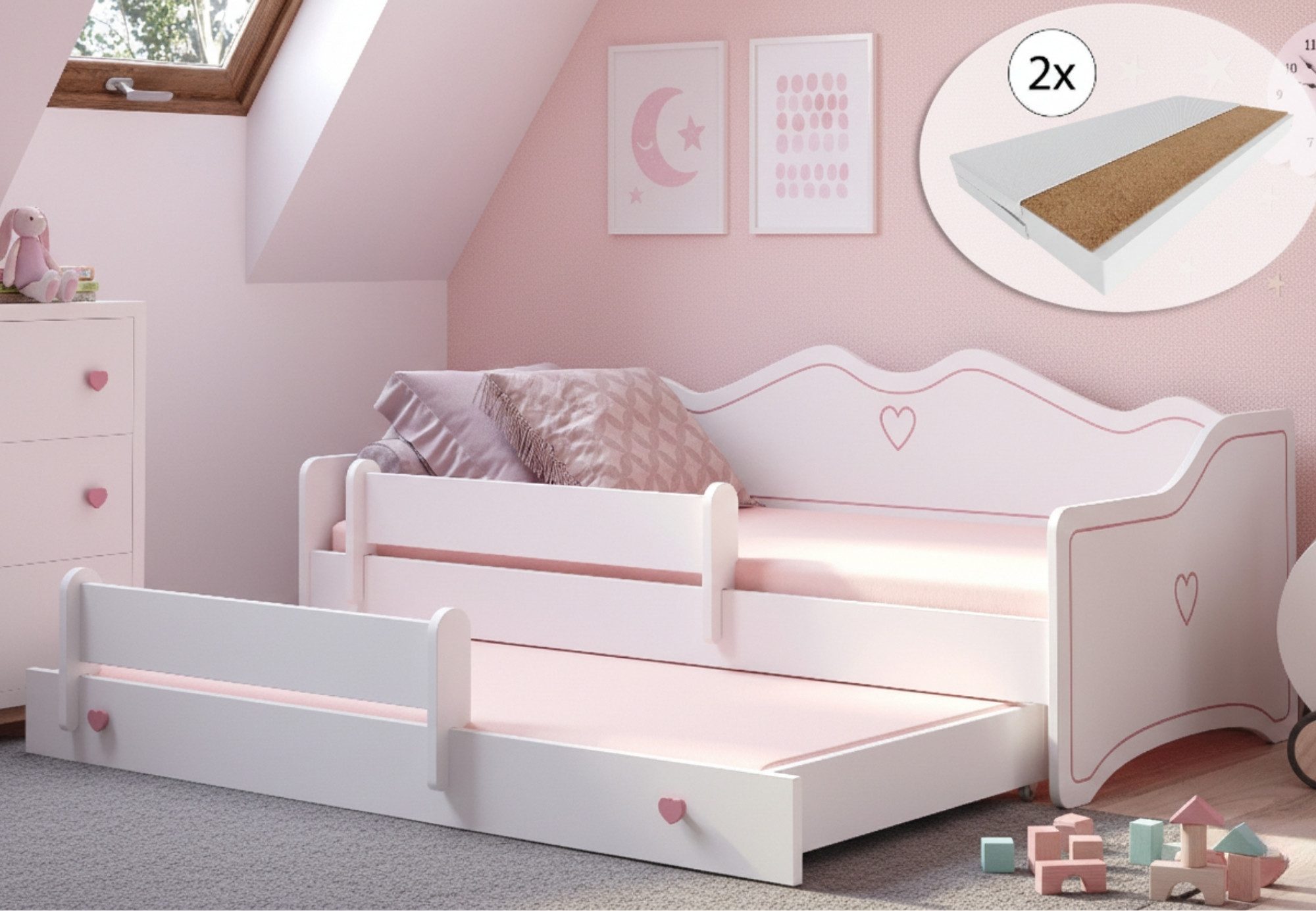 Kids Collective Kinderbett Mädchenbett 80x160 mit Ausziehbett & zwei Matratzen Kinderbett, Jugendbett Funktionsbett mit Rausfallschutz, Prinzessin weiß rosa