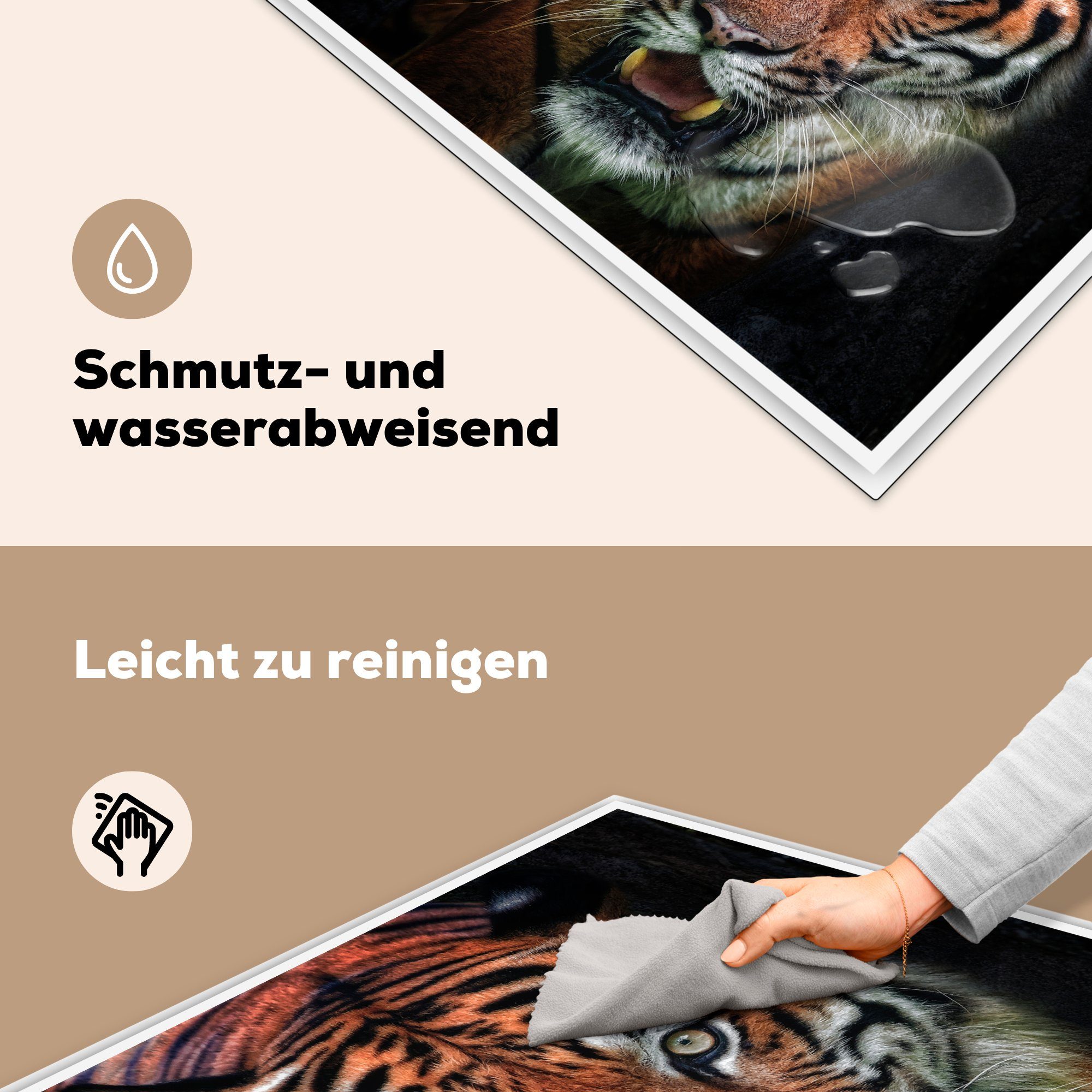 cm, Kopf tlg), küche MuchoWow 78x78 Schwarz, - - Herdblende-/Abdeckplatte Tiger Ceranfeldabdeckung, für (1 Arbeitsplatte Vinyl,