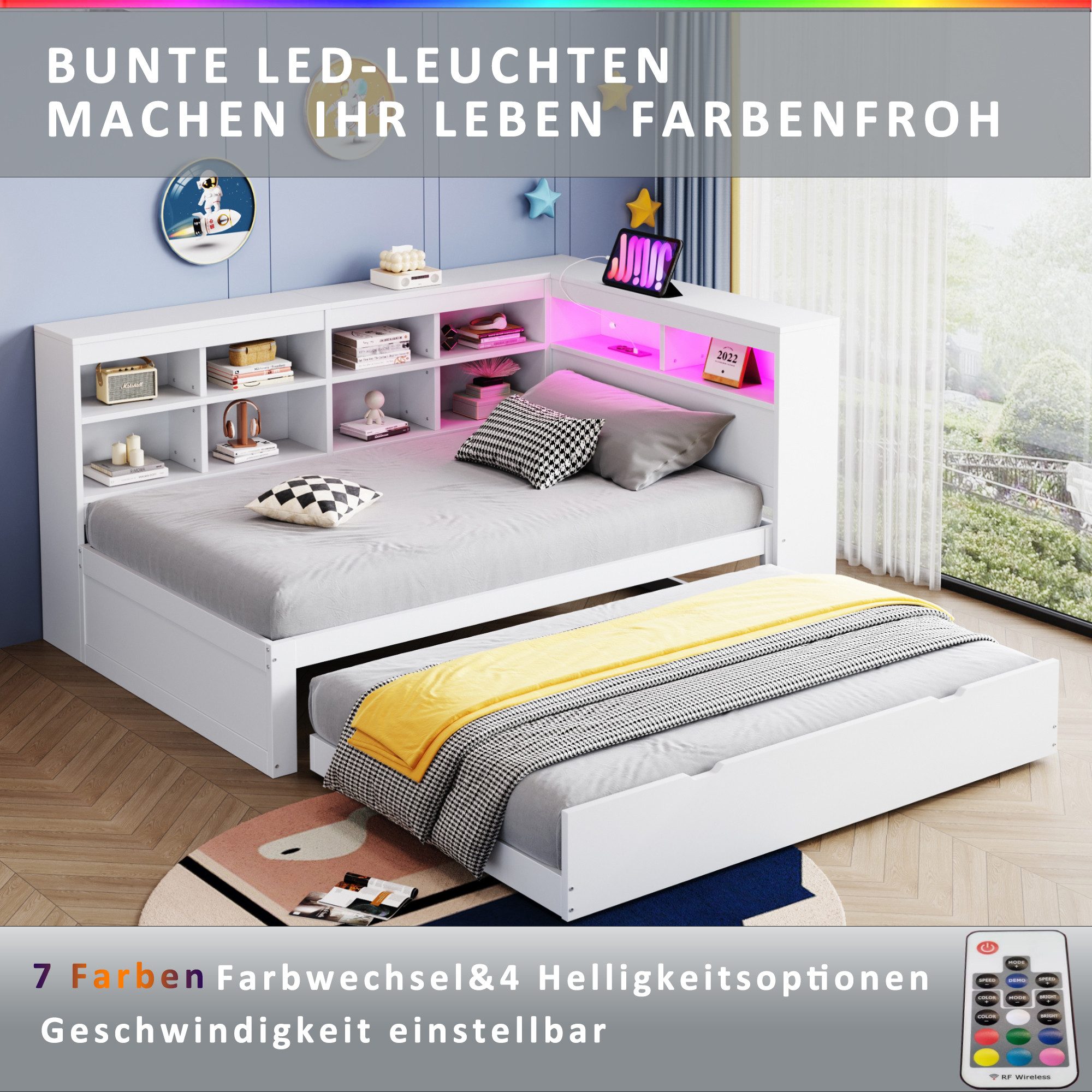 Odikalo Ausziehbett Daybett Schlafsofa USB LED Regal Ablagefächern Stauraum Weiß 90x200cm – Bild 5 von 5