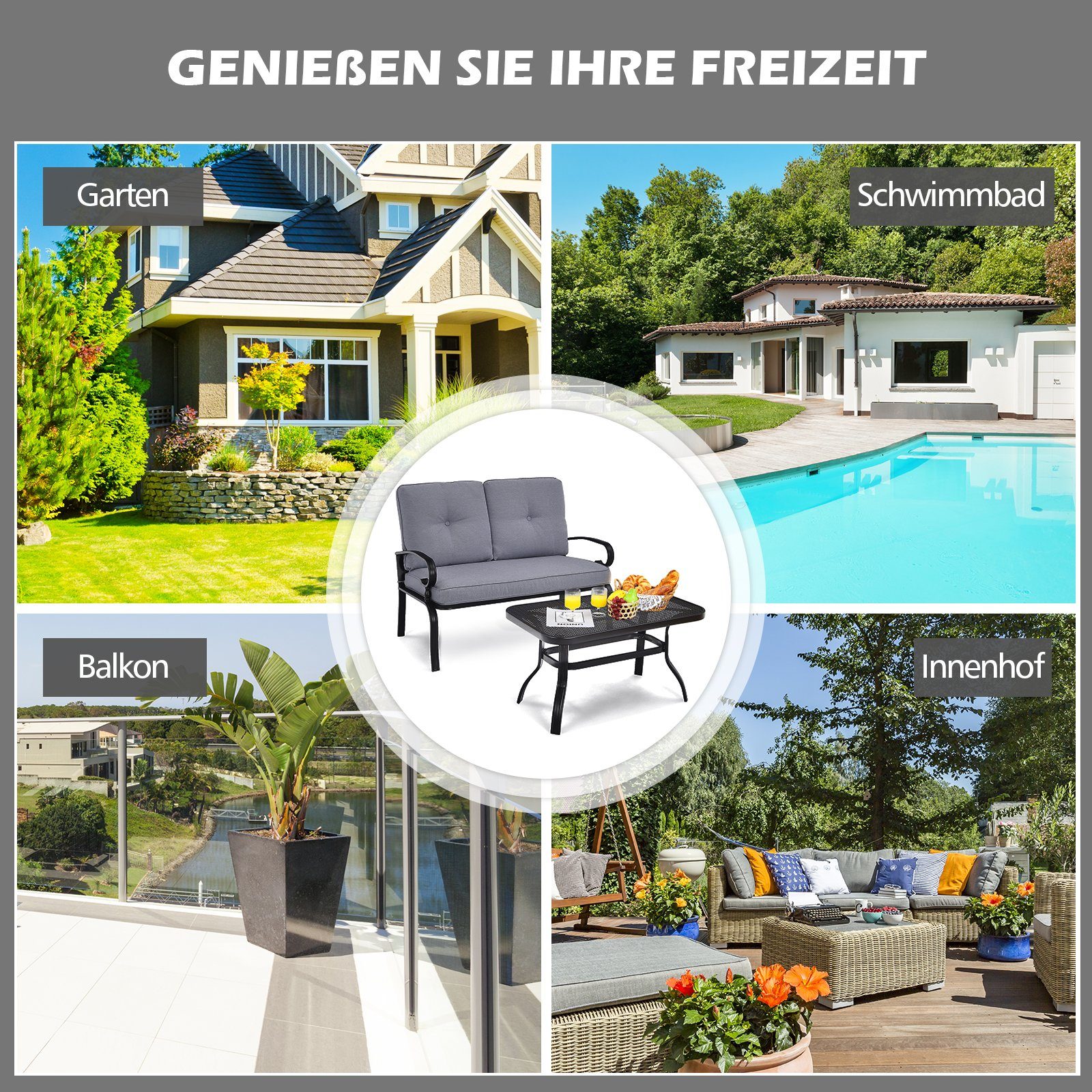 COSTWAY Gartensessel 2-Sitzer Gartenbank (3-St), Sitzgruppe mit Couchtisch