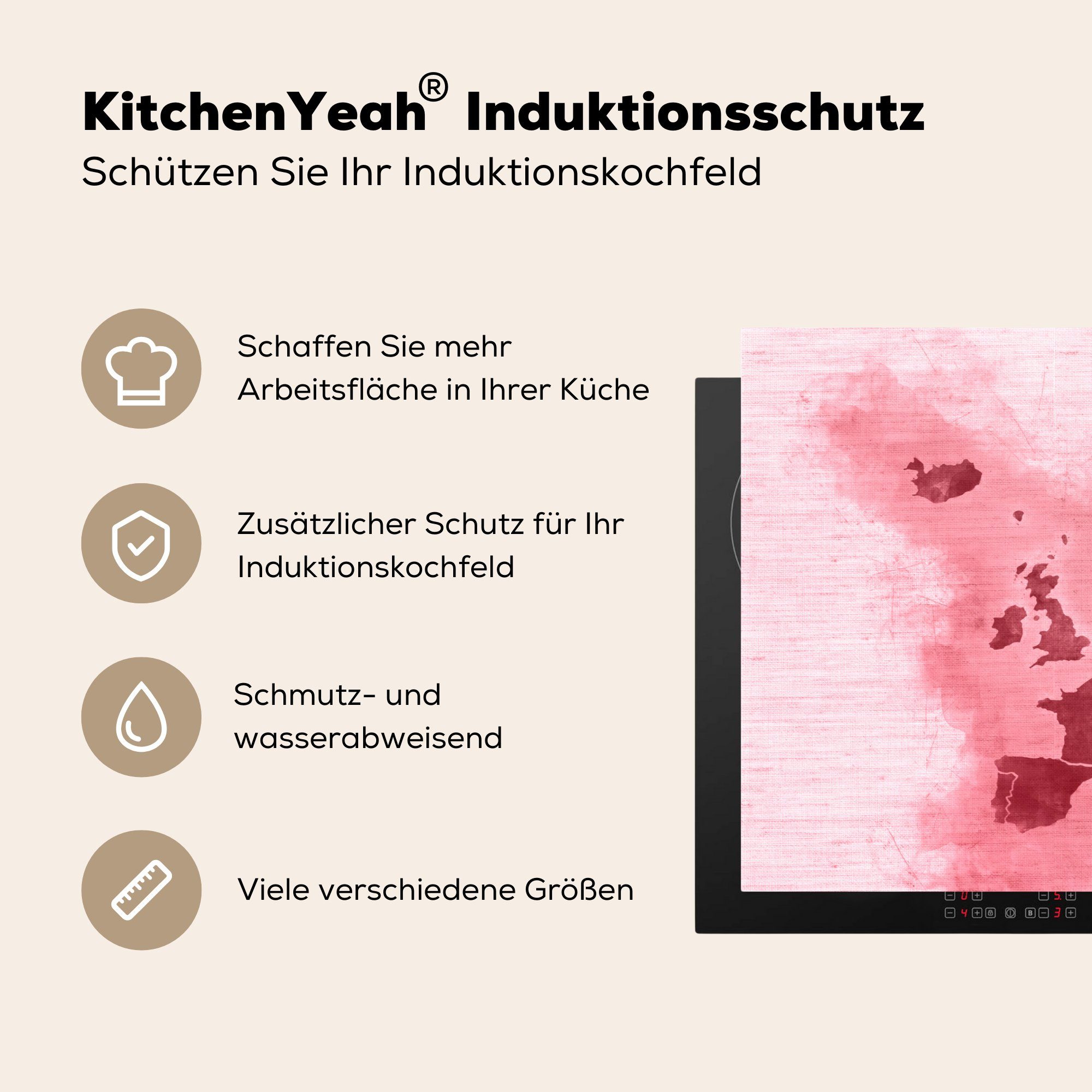 die für Vinyl, - cm, Induktionskochfeld Herdblende-/Abdeckplatte (1 Karte tlg), Rosa, Schutz - Europa 81x52 MuchoWow küche, Ceranfeldabdeckung