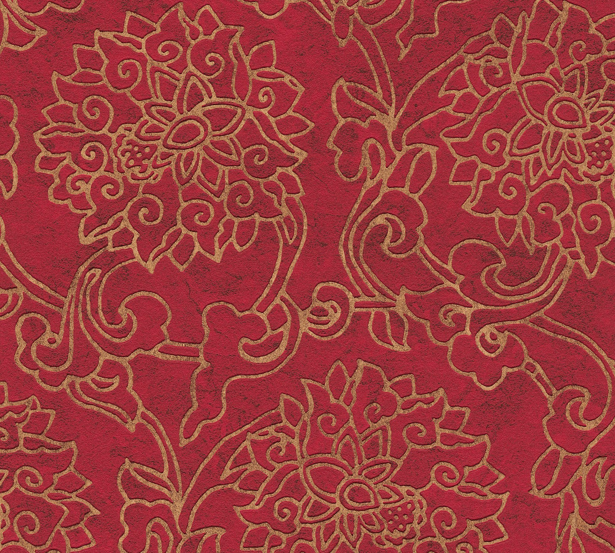 aufgeschäumt, Ornament Vliestapete Japanisch Création Tapete blutrot/gold Asian gemustert, A.S. Fusion, ornamental,