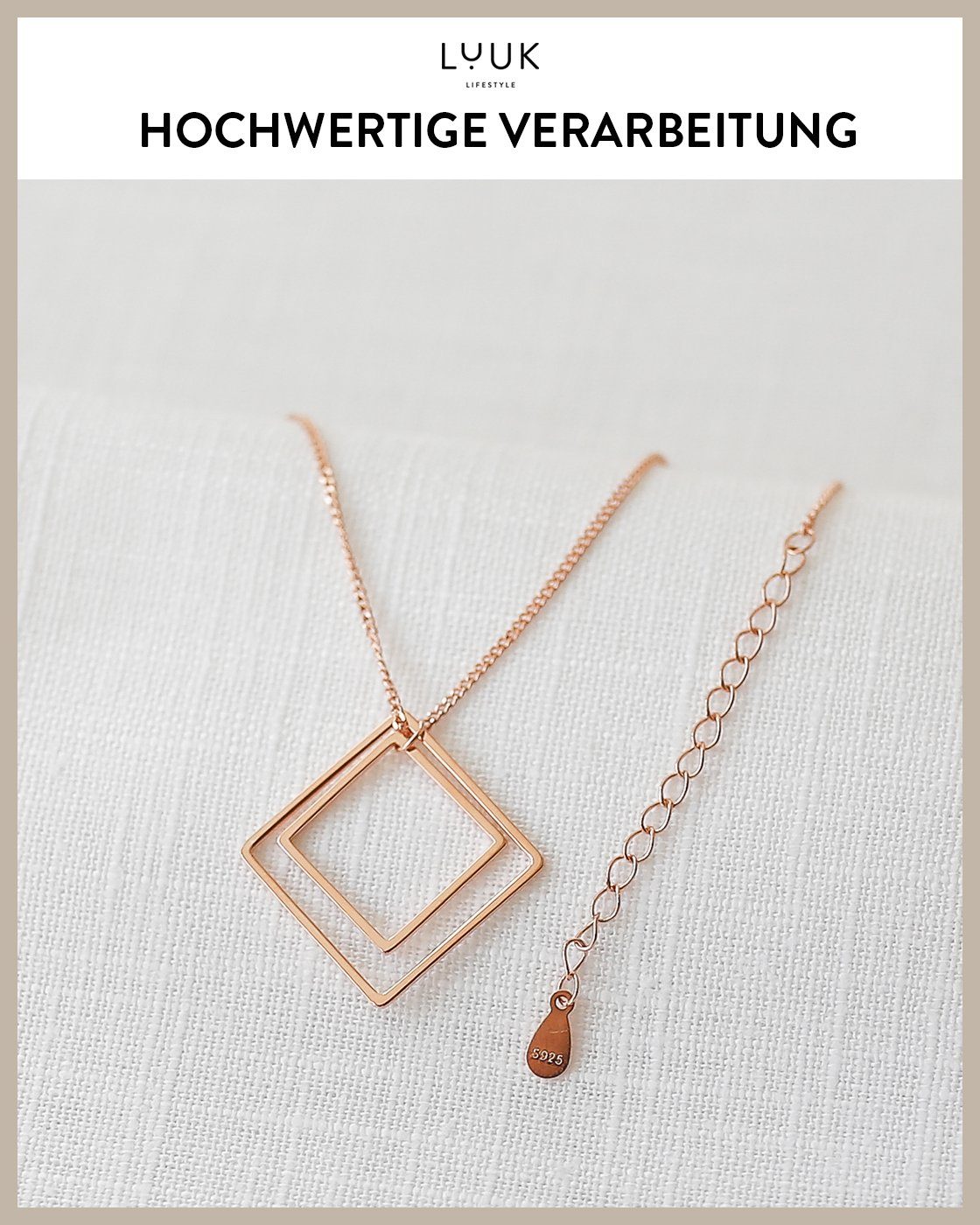 LUUK LIFESTYLE Silberkette Viereck quadratischem Rosé Quadrate, mit Anhänger