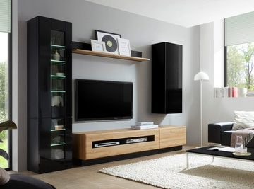 Furn.Design Wohnwand Savanna, (Wohnzimmer Set in schwarz Hochglanz und Eiche, ca. 275 x 200 cm), mit Push-to-Open