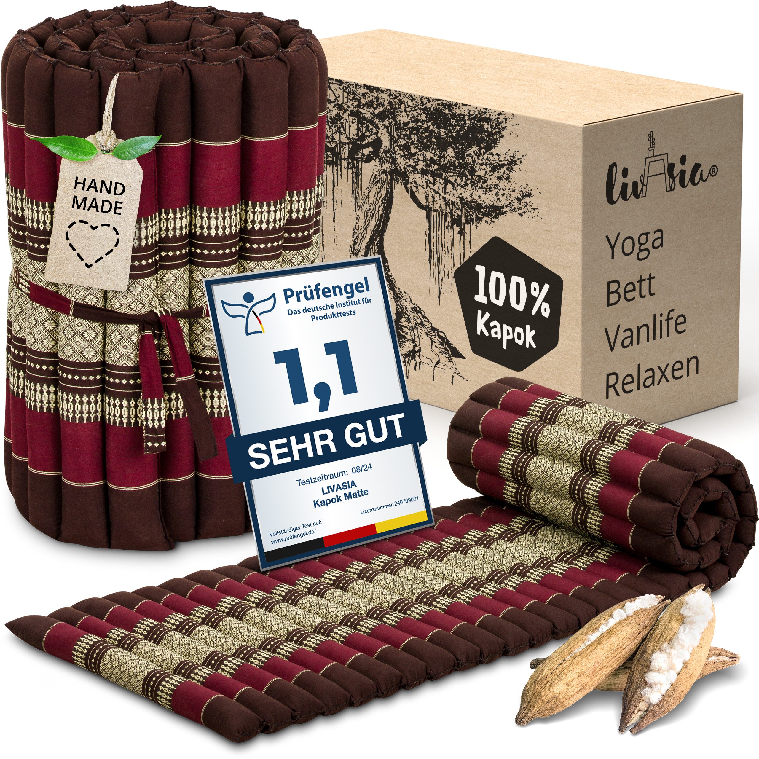 Reisebett-Matratzen Rollmatte 50 cm breit, vegan und handgefertigt, 210x50x4,5cm, livasia, 4,50 cm hoch, Kapok