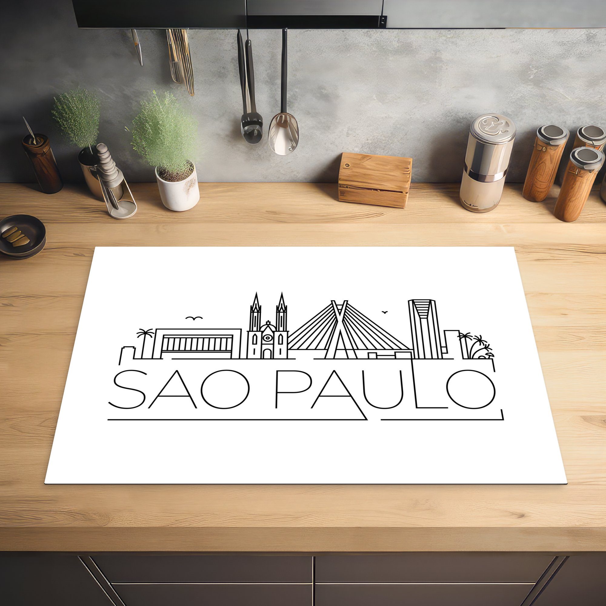 weißem Hintergrund, "Sao Paulo" Vinyl, 81x52 Herdblende-/Abdeckplatte Ceranfeldabdeckung die cm, Schutz Induktionskochfeld tlg), mit für MuchoWow Stadtbild (1 küche,