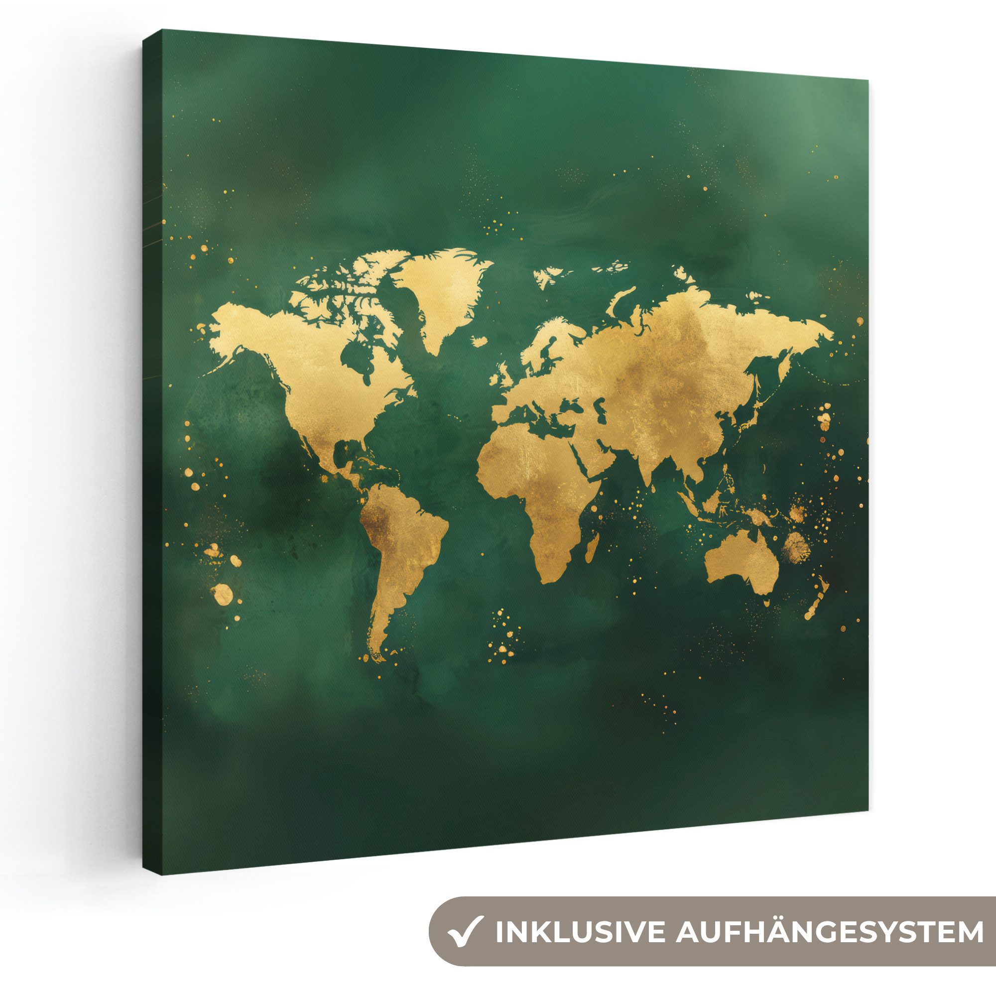 OneMillionCanvasses® Leinwandbild Weltkarte - Grün - Gold, Fotodruck (1 St), Wandbild, Deko Schlafzimmer Wohnzimmer Flur 20x20 cm