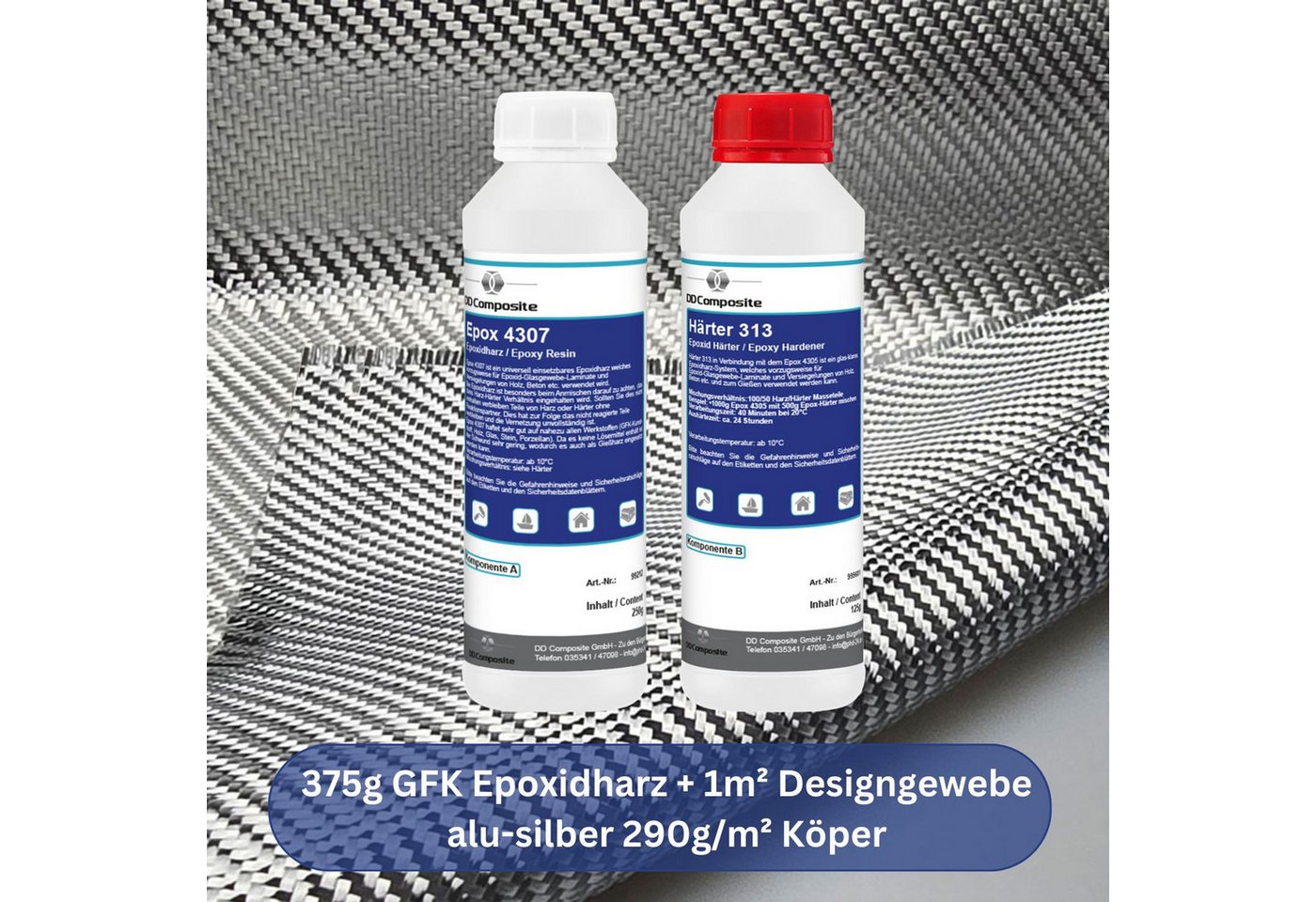 Thumbnail - DD Composite Reparatur-Set 375g GFK Epoxidharz + 1m² alu-silber 290g/m² Köper