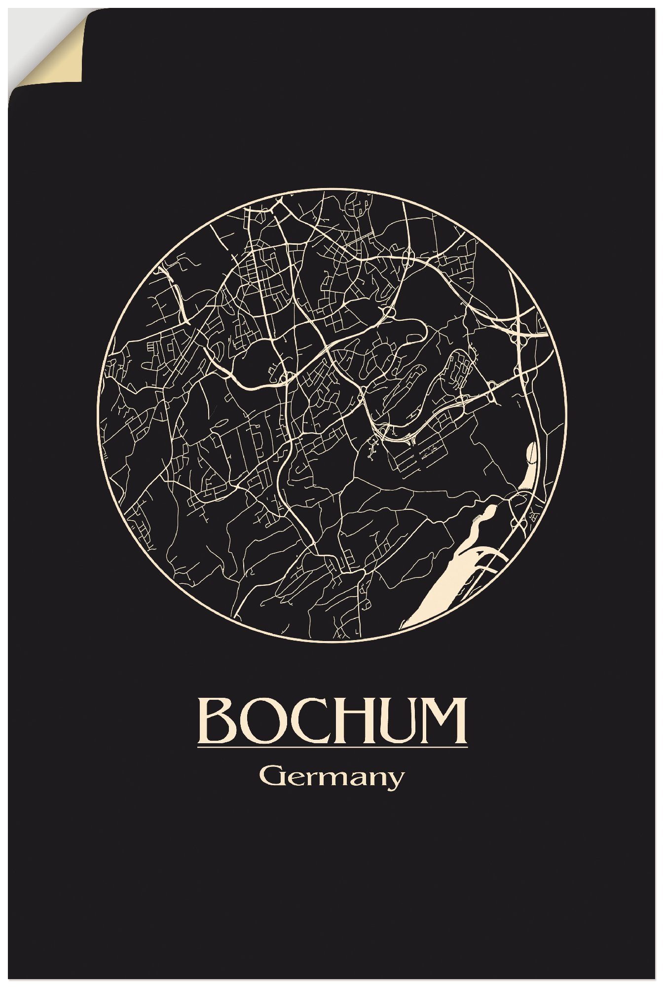 Artland Wandbild Retro Karte Bochum Kreis, (1 Alubild, Größen Poster Leinwandbild, als St), Deutschland oder Deutschland Wandaufkleber in versch