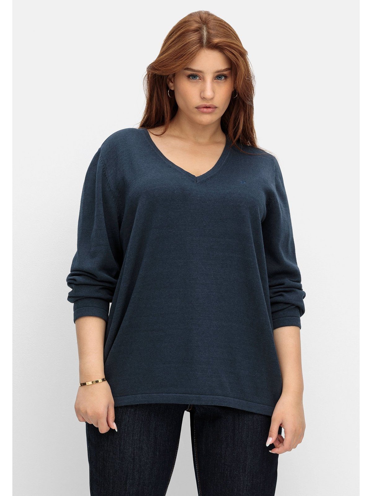 nachtblau Große V-Ausschnitt, V-Ausschnitt-Pullover in Größen mit Sheego Passform Petite