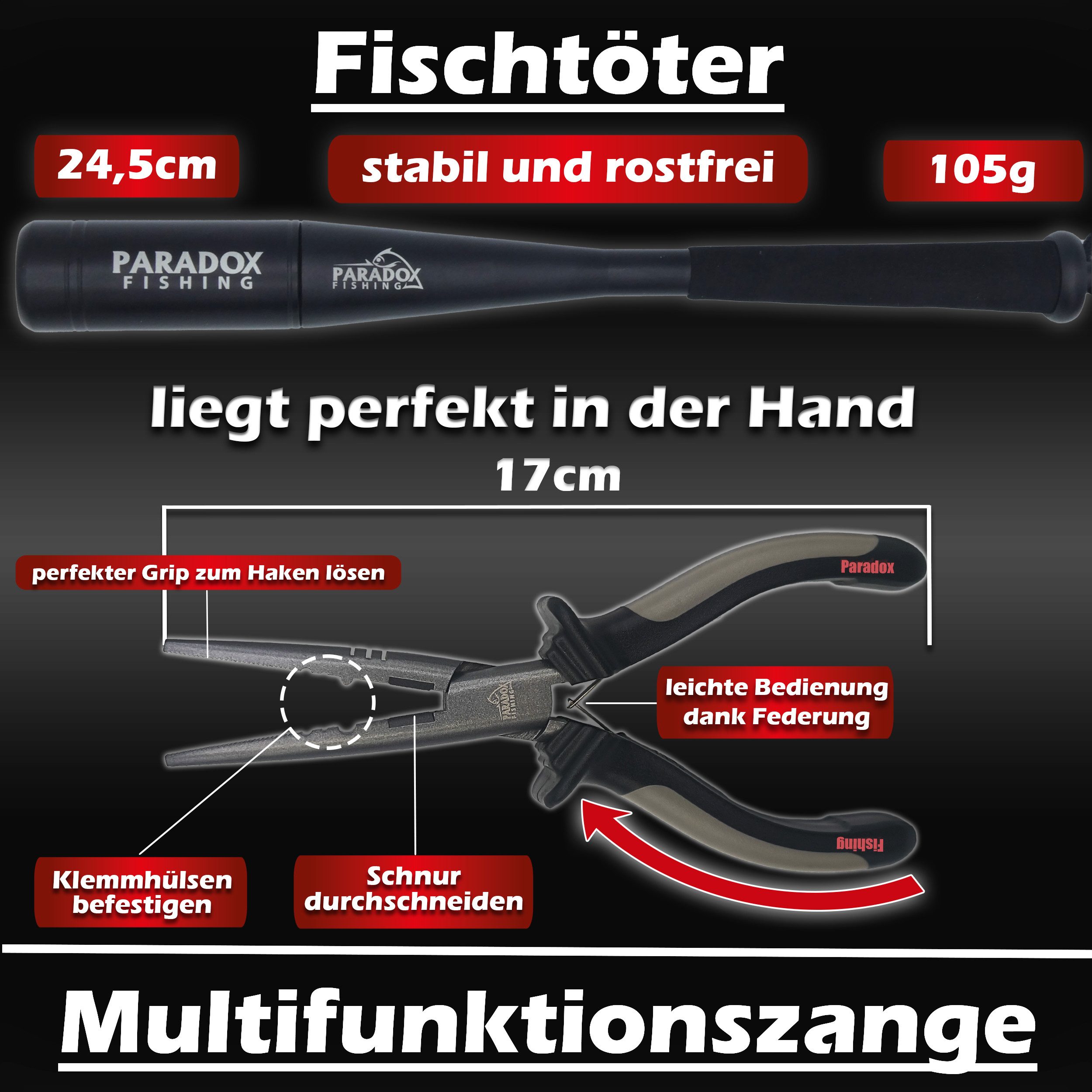 Paradox Fishing Angelrucksack 3-in-1 Multifunktions-Sitzkiepe mit 4 Boxen im Deckel (3-tlg), Zangenhalterung