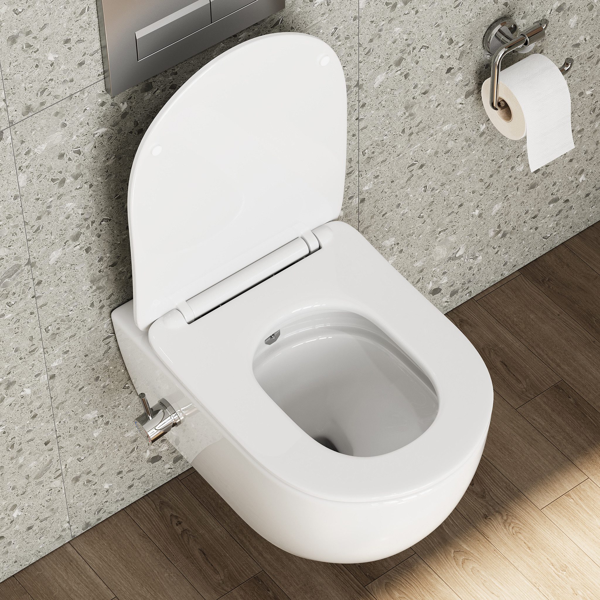 HOROW Dusch-WC Taharet -WC mit Softclose Toilettensitz, spülrandlose Toilette, Toilette mit Bidet-Funktion, Abgang waagerecht, Set, Wand-WC mit WC-Sitz Absenkau – Bild 3 von 5