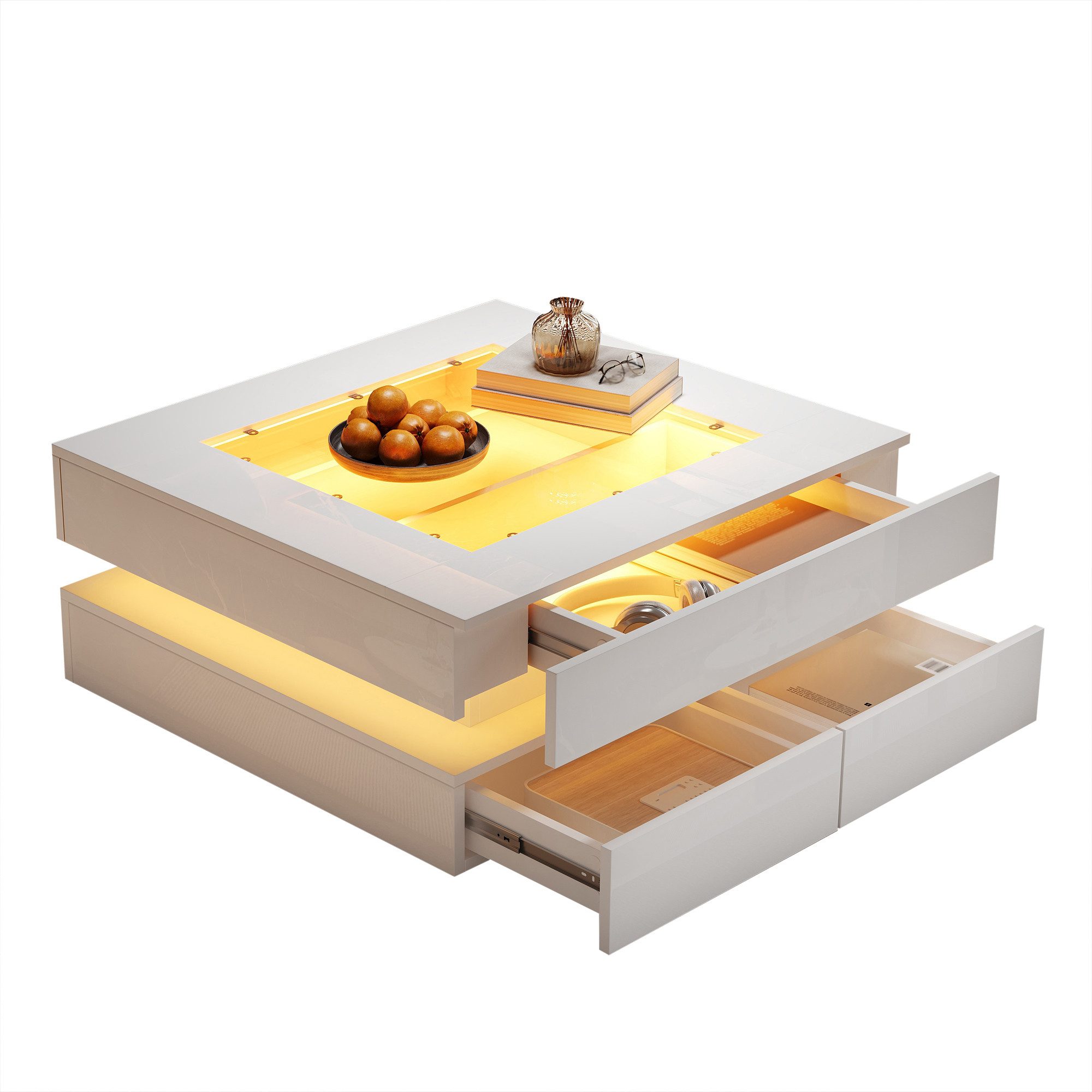 MODFU Couchtisch 70x70x35 cm Weißer LED-Couchtisch mit schwebender Glasplatte (Couchtisch mit Glastischplatte, 3 Schubladen, 1-St., inkl. 3 geräumiger Schubladen und moderner Beleuchtung), Für ein elegantes und stimmungsvolles Wohnambiente