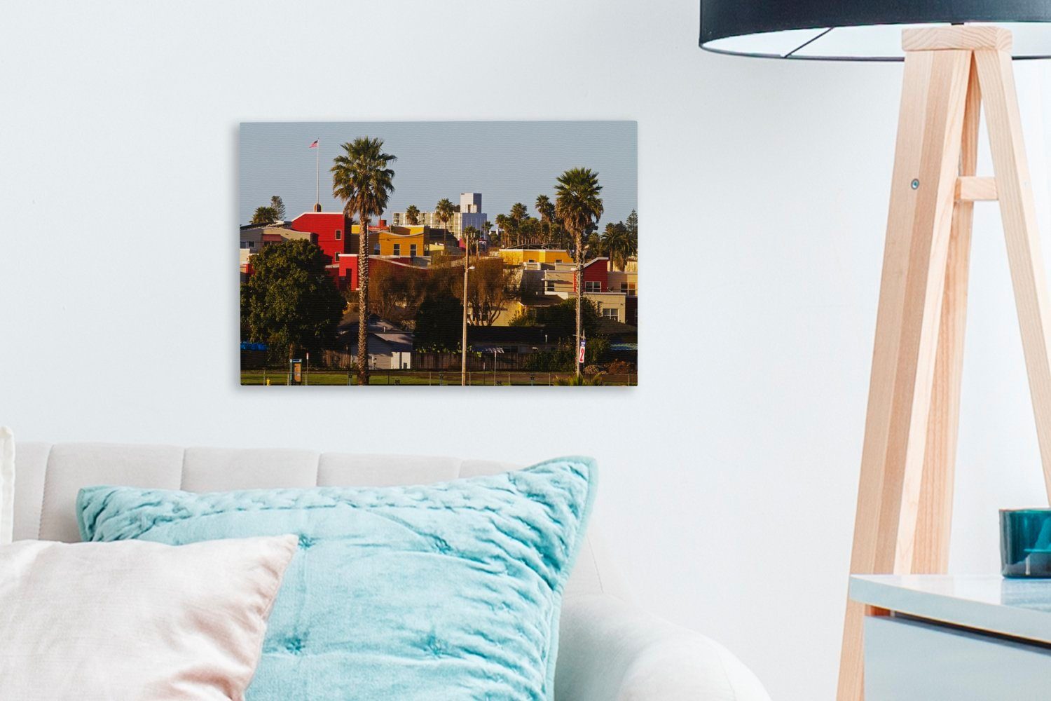 Wandbild 30x20 Aufhängefertig, Leinwandbilder, OneMillionCanvasses® Santa Bunte (1 Palmen Cruz, cm St), Häuser Leinwandbild Wanddeko, und Kalifornien, in