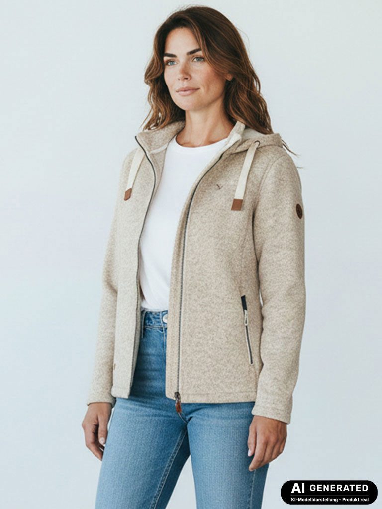 Dry Fashion Fleecejacke Poel Damen Wollfleece-Jacke Kapuze - Damenjacke Fleece windabweisend Verstellbare Kapuze, 2-Wege-Reißverschluss, Taschen mit Reißverschluss