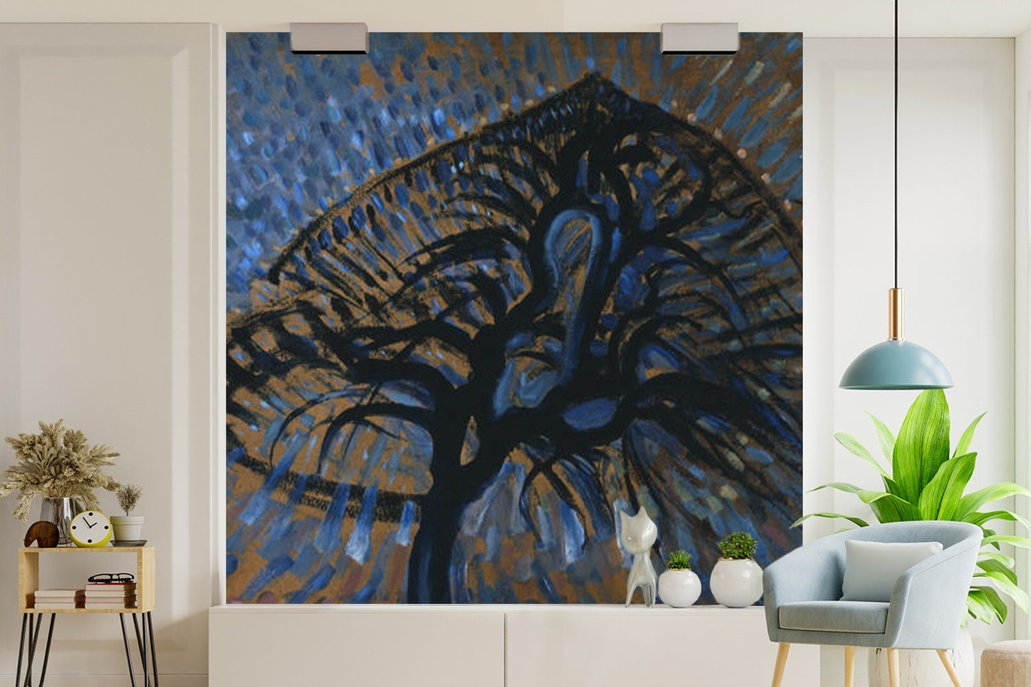 Piet Blauer Wandtapete (5 Schlafzimmer, oder Mondrian, Matt, für Apfelbaum MuchoWow bedruckt, - St), Fototapete Wohnzimmer Vinyl Tapete