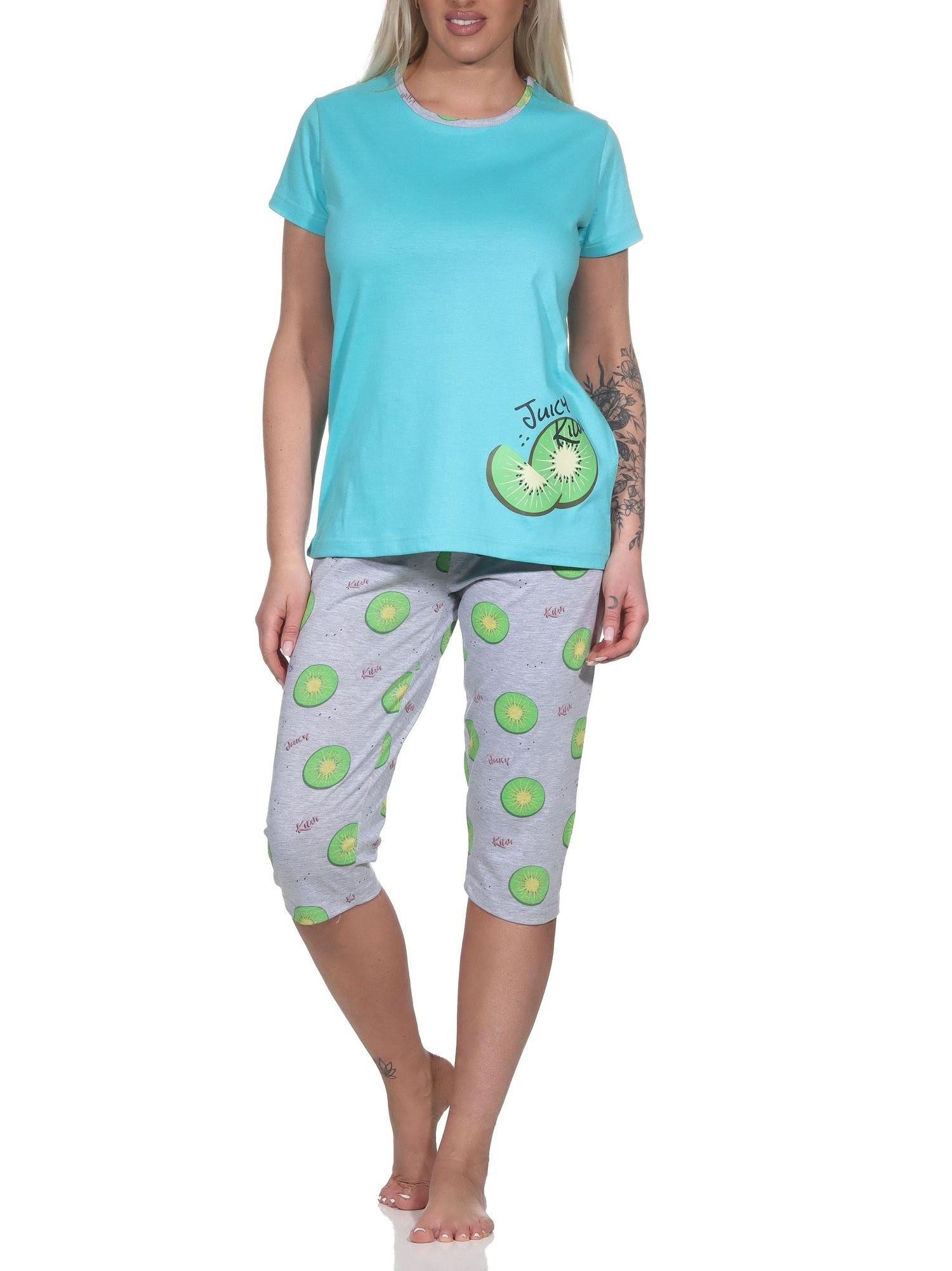 Normann Pyjama Normann Damen kurzarm Schlafanzug mit Capri Pyjamahose in Kiwi Motiv