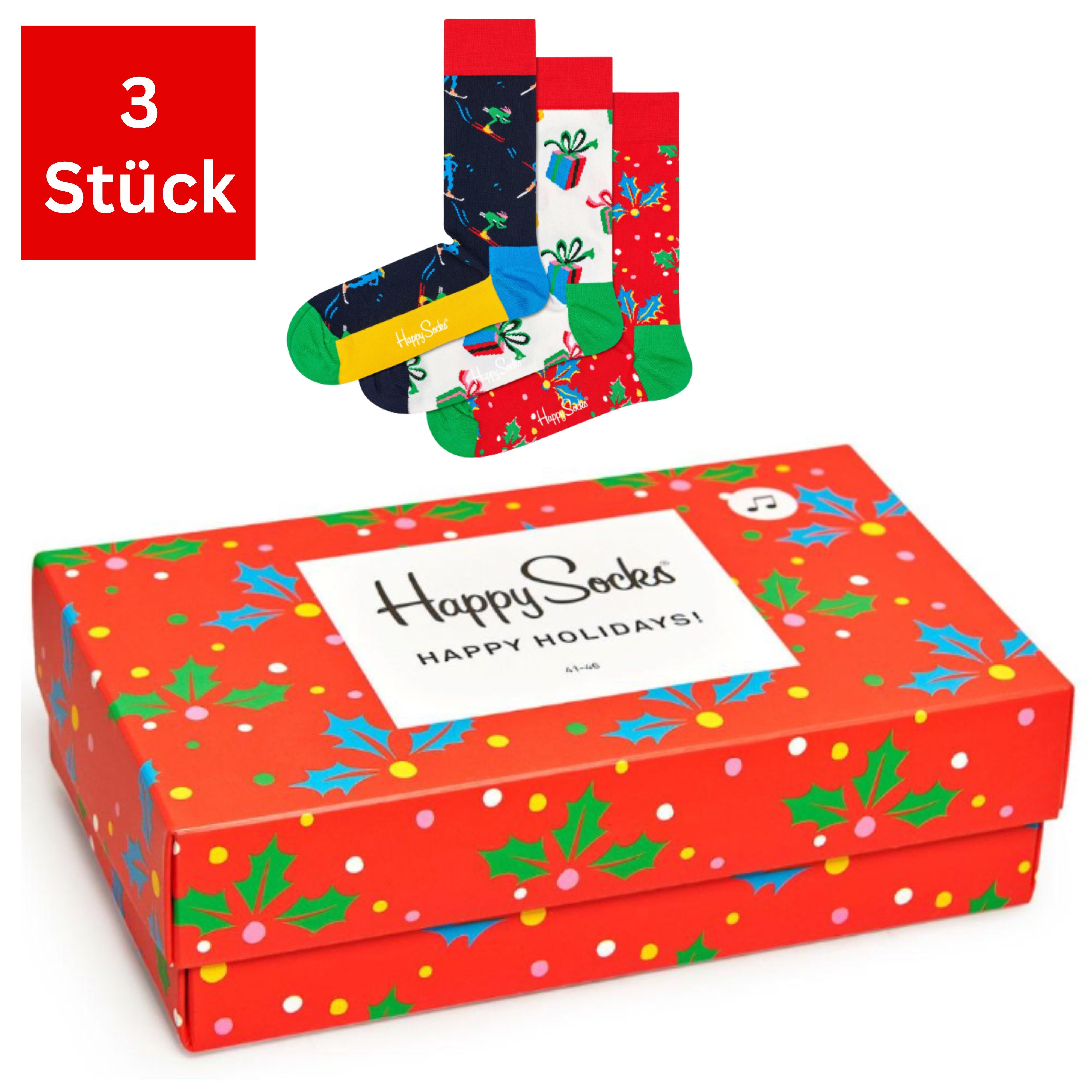Happy Socks Freizeitsocken 3er Pack Baumwoll Socken mit Motiv, Weihnachten, Geschenk