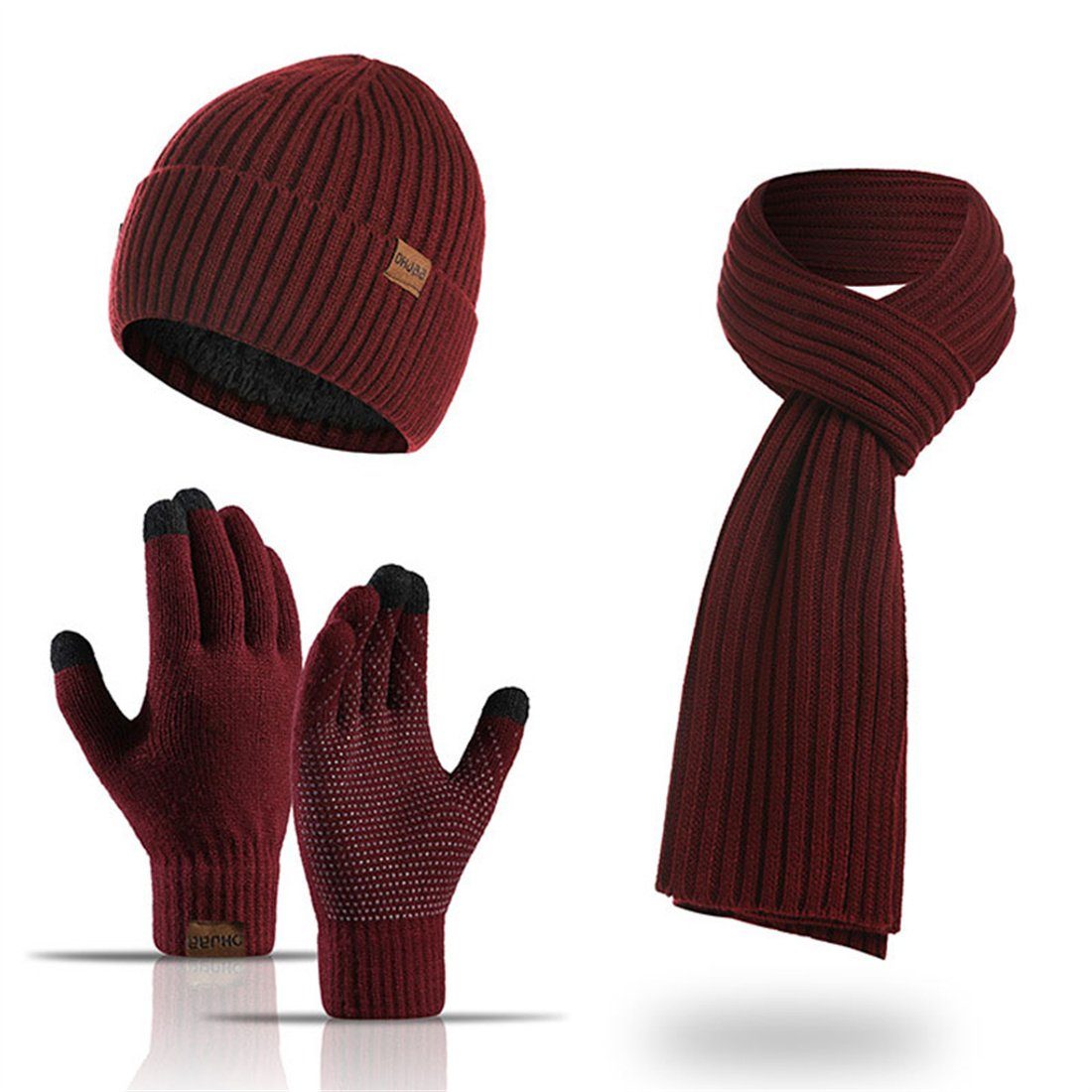 DÖRÖY Strickmütze Unisex Winter Strickmütze, Solid Farbe Hut Schal Handschuhe 3er Set Rot