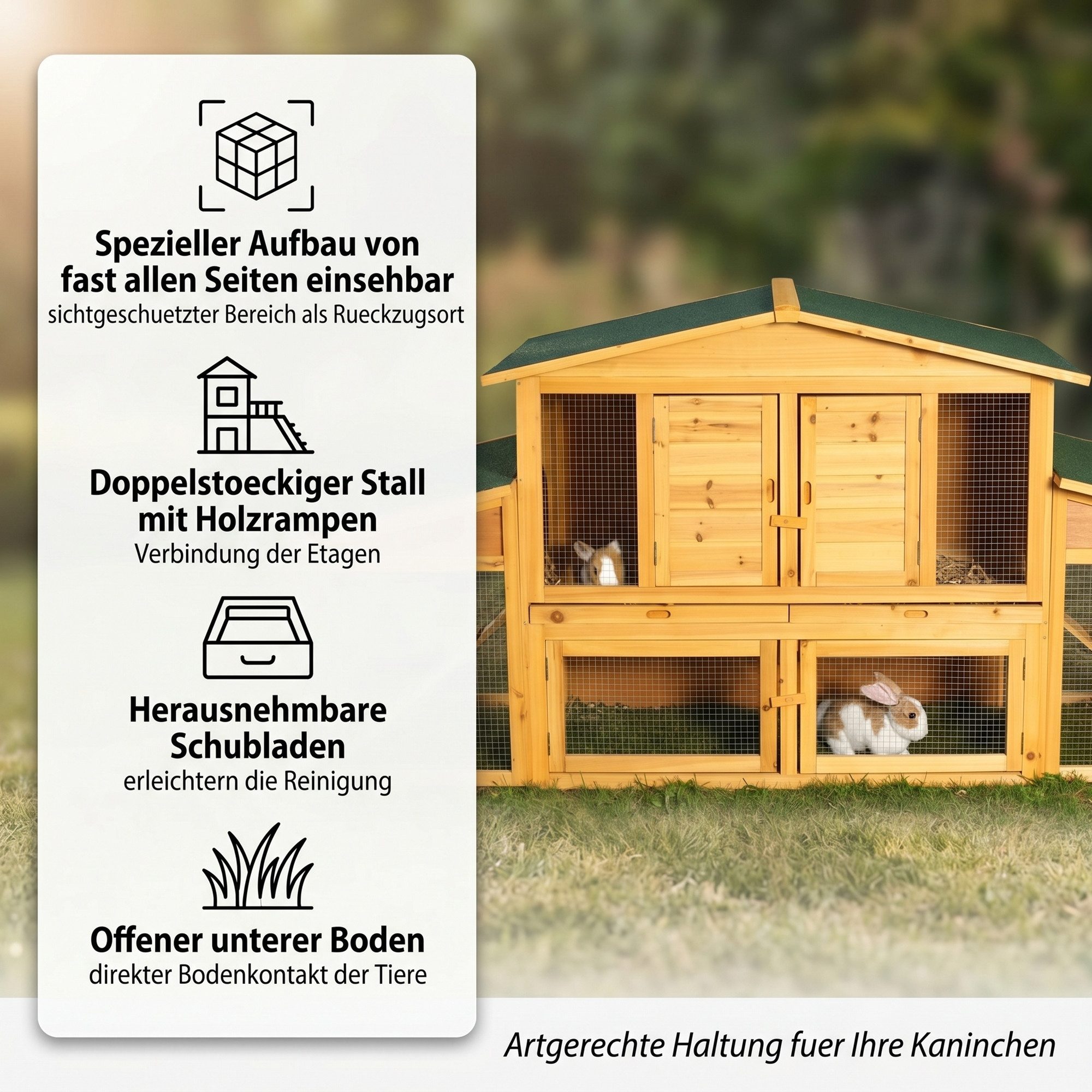 Mucola Tierhaus Hasenstall Holz Freilauf Freigehege Kaninchenstall Hasenkäfig, Mehrere Boxen, 2 Rampen, 2 Schubladen