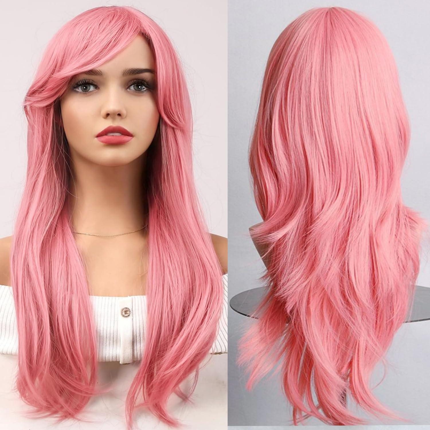 LuxusKollektion Kostüm-Perücke Perücke Pony Synthetik lang 70cm lockig Cosplay Damen rosa