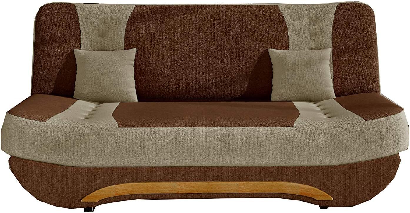 MOEBLO Schlafsofa Feba, Couch für Wohnzimmer Sofagarnitur Polstersofa Kippsofa Klappsofa Click-Clack, mit Schlaffunktion und Bettkasten Braun + Beige (Alova 12 + Alova 07)