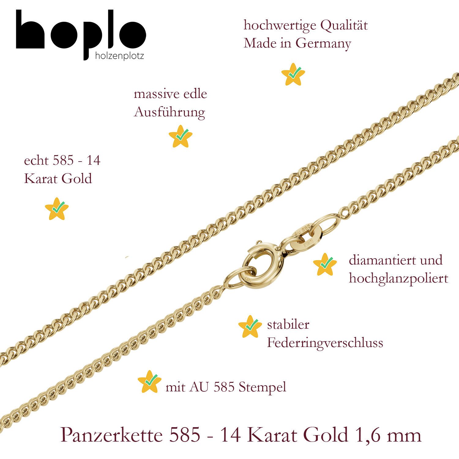 HOPLO Panzerkette Goldkette Panzerkette Halskette Breite 1,6 mm 36 cm 585-14 Karat Gold, Made in Germany – Bild 3 von 5