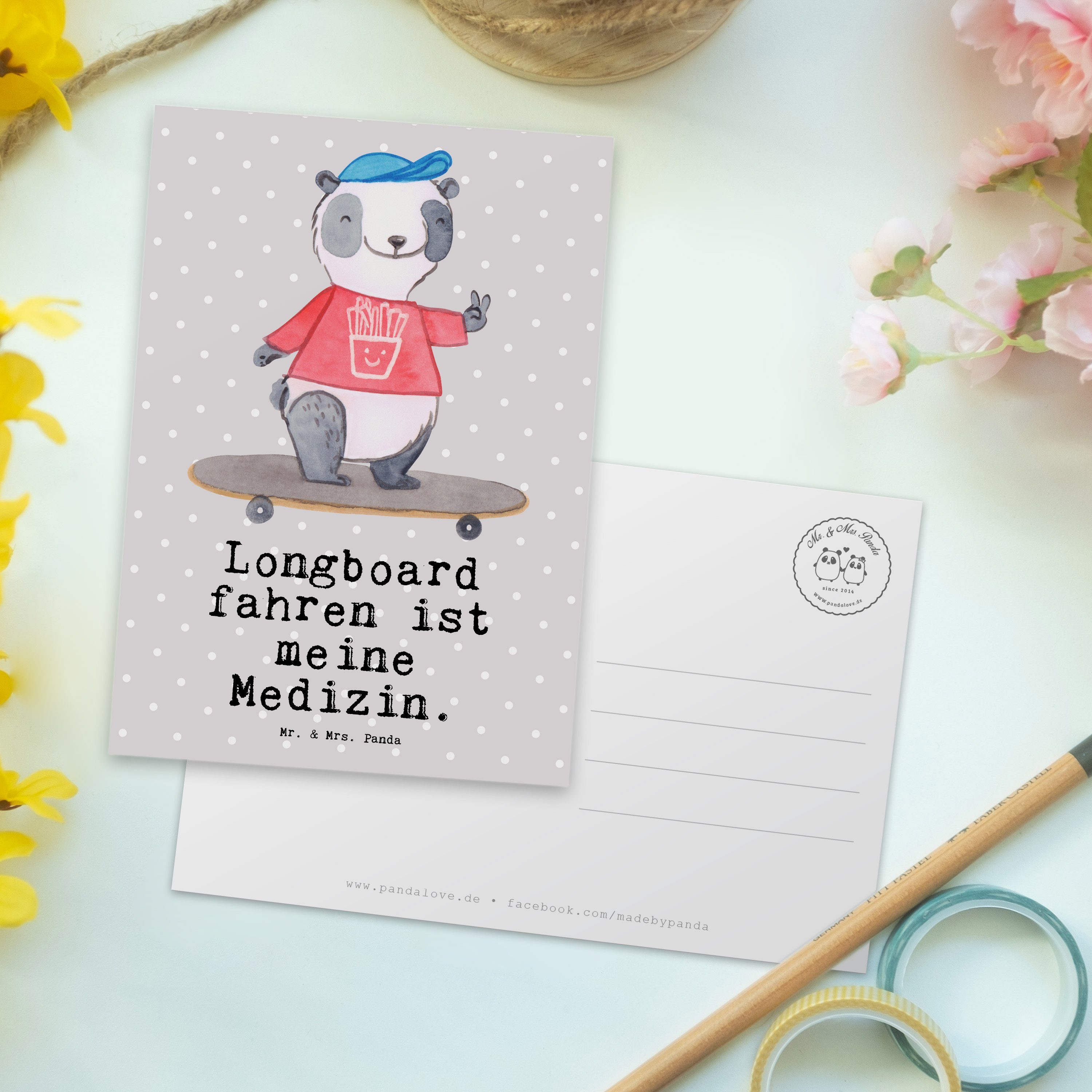 fahren Mr. Roller - Postkarte & - Skat Longboard Pastell Panda Grau Panda Geschenk, Mrs. Medizin