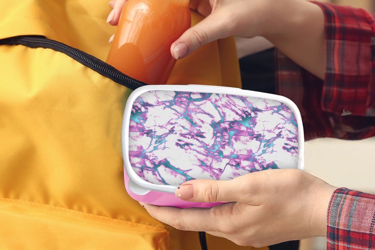 Brotbox Kunststoff Rosa für - - Snackbox, MuchoWow Marmor Kunststoff, Lunchbox Mädchen, - Kinder, (2-tlg), Muster, Brotdose Erwachsene, Blau