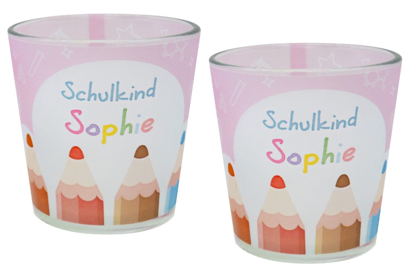 ZauberDeko Windlicht Windlicht Rosa Buntstifte Einschulung Schulbeginn MIT NAME 7,5cm Hoch