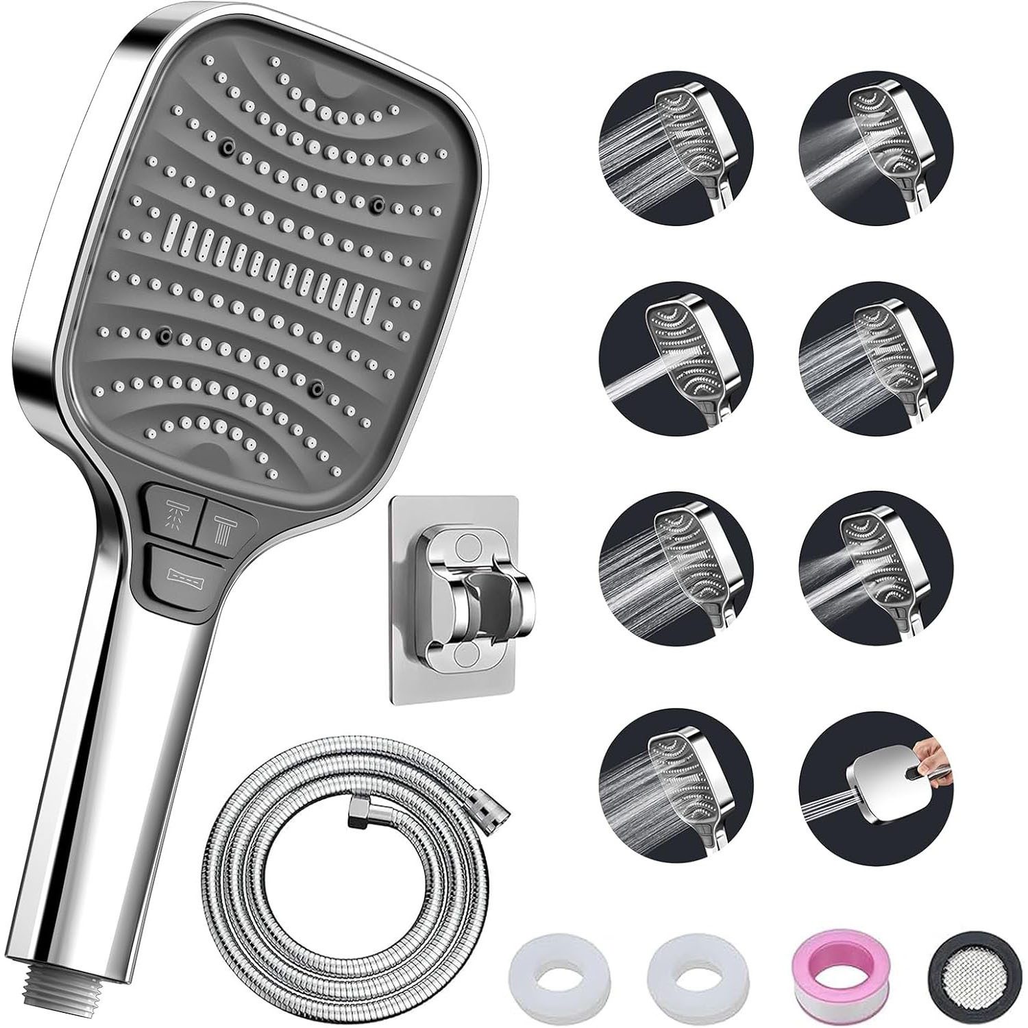HEYHIPPO Regenduschkopf Silber Duschkopf Set mit 1,5m Schlauch und Halter, 8 Strahlarten, (Anti-Kalk, mehrere Wassermodi, wandmontierter Duschkopf), Handbrause fürs Bad mit Druckfunktion, Silber Chrom, 26,5x12 cm