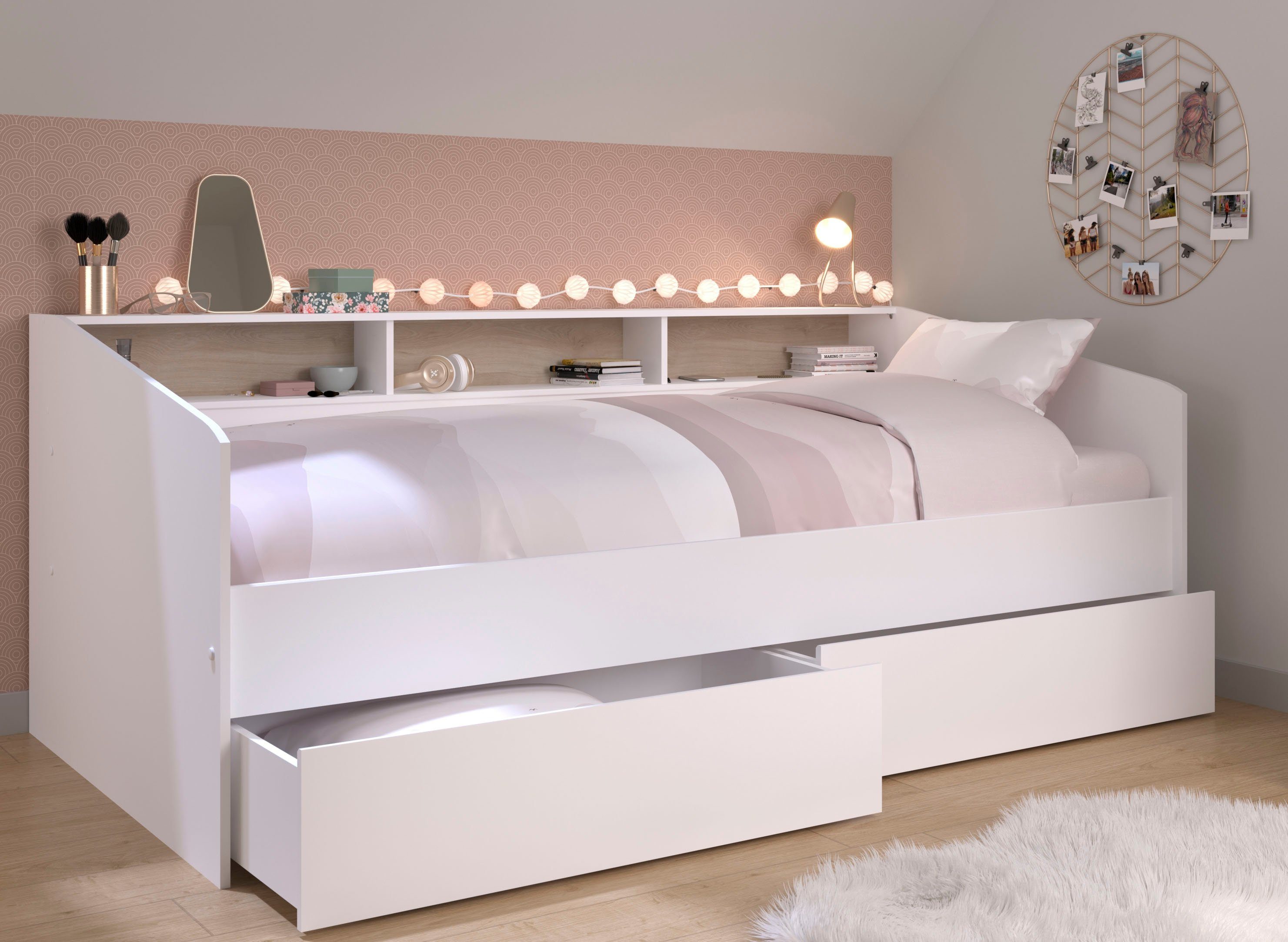 Parisot Sleep storage bed, daybed, children's bed, rotating shelf back panel (colored + white), including shelves, drawers, plenty of storage space, TOP SELLER!