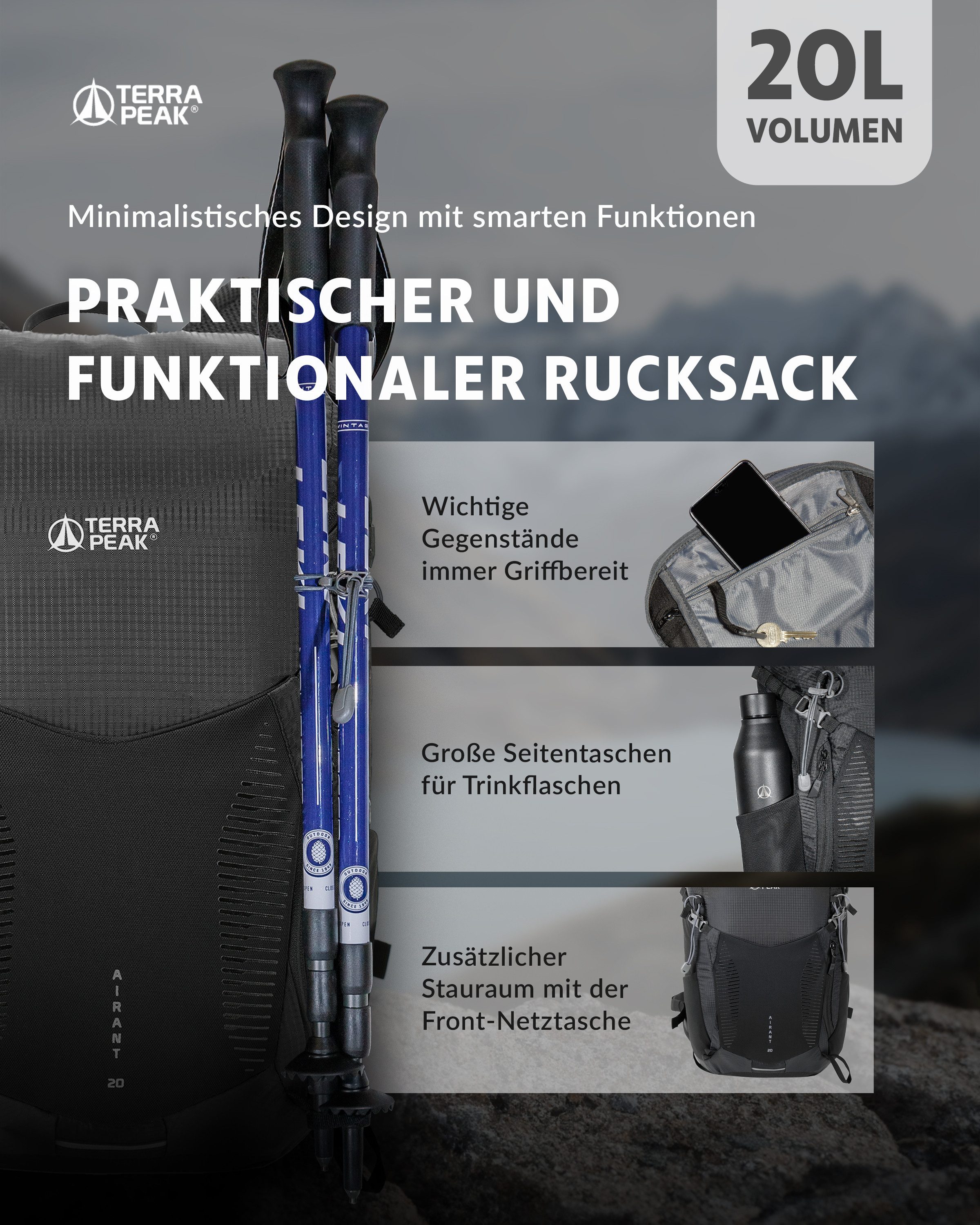 Terra Peak Wanderrucksack Airant 20, Rucksack klein mit belüftetem Netzrücken 20 Liter