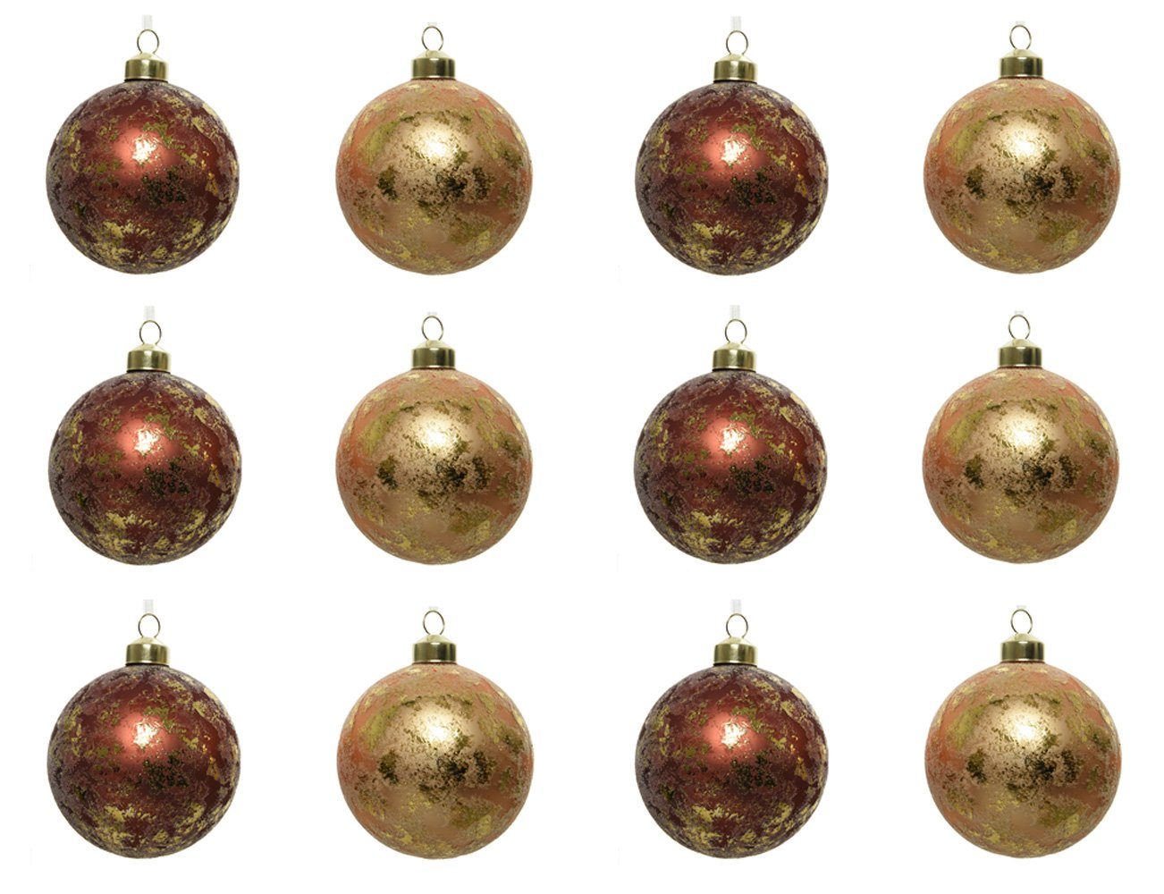 Decoris season decorations Weihnachtsbaumkugel, Weihnachtskugeln Glas mit Muster 8cm 12er Set - Terrabraun / Hellgold