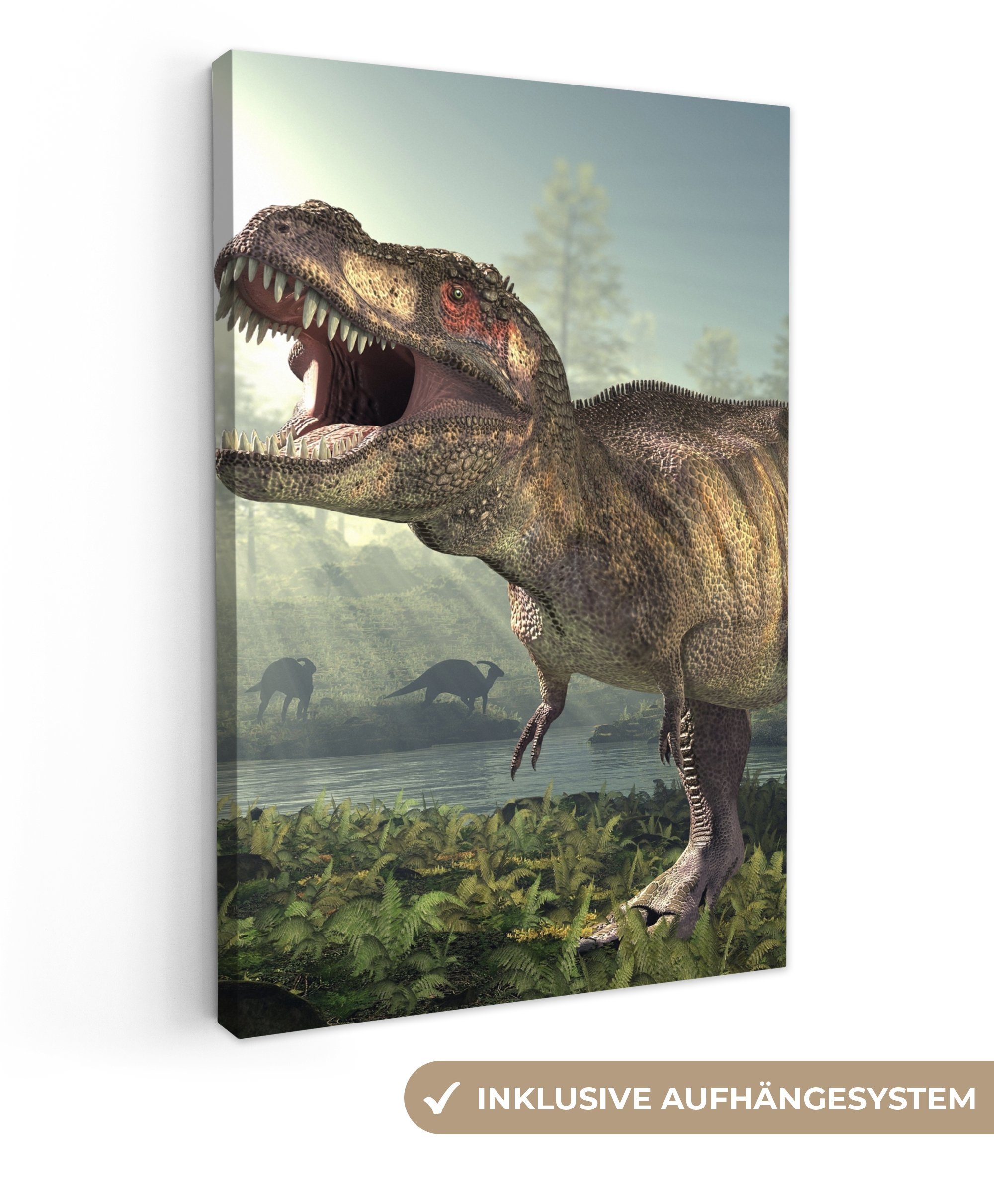 OneMillionCanvasses® Leinwandbild Dino - Gras - Zeichnung - Kinder - Jungen, Fotodruck (1 St), Leinwand Canvas Wandbild, Wanddekoration 20x30 cm