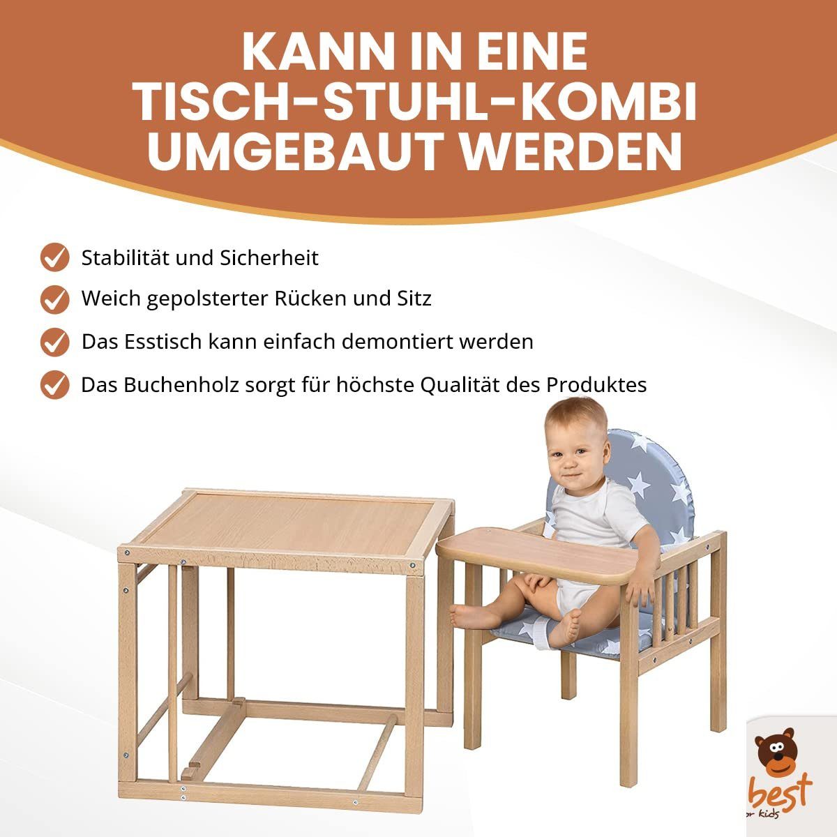 Best for Kids Kombihochstuhl Victoria, zur umbaubar leicht Stuhl-Tisch-Kombination