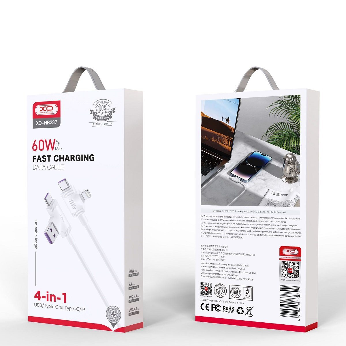 Daten- und Ladekabel 4in1 USB - iPhone-Anschluss + USB-C 1m Weiß Smartphone-Ladegerät
