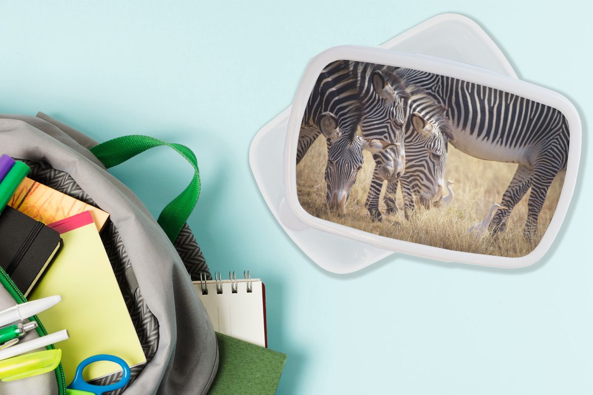 für Kunststoff, Kinder - weiß Lunchbox MuchoWow Jungs - Zebra Brotbox Weiden Erwachsene, Safari, und für (2-tlg), und Brotdose, Mädchen