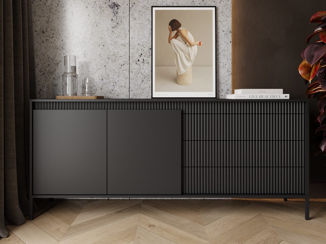 GrainGold Kommode Sorano (Set, Kommode, Metallfüße), Breite 187 cm, mit Türen, Schubladen, Push-to-open