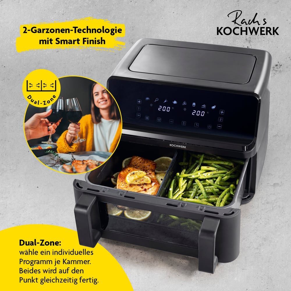 GOURMETmaxx Heißluftfritteuse Doppelkammer 9l 8 Programme, 2700 W, Airfryer Frittieren Backen Speisen ohne Öl fettarm 2700W Smart-Cook