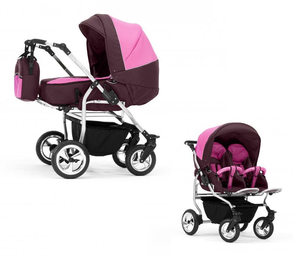 Elcar Zwillings-Kombikinderwagen Zwillingskinderwagen 2 in 1 Duo - 11 Teile - in 38 Farben Bordeaux-Rosa | Geschwisterwagen