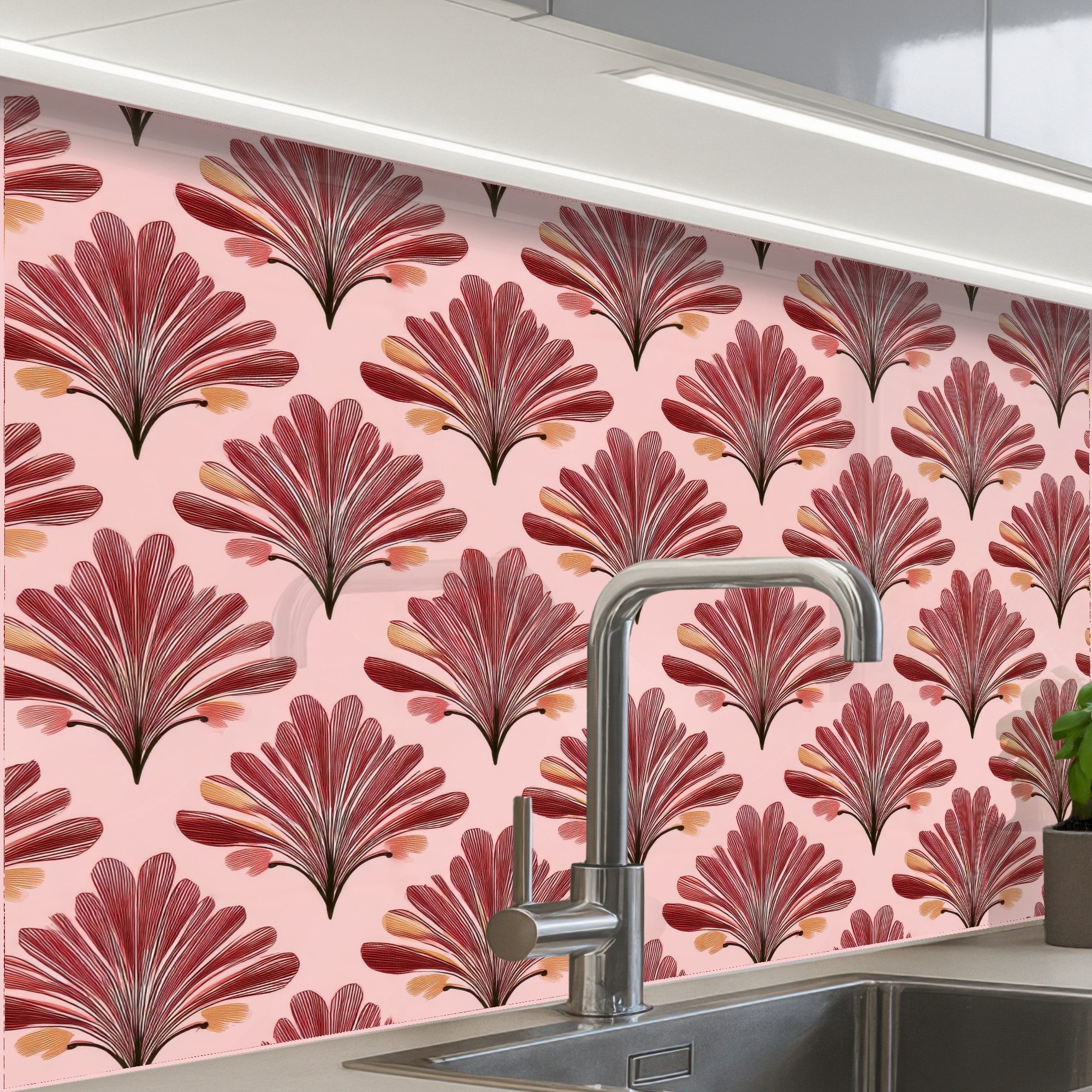 KitchenYeah Küchenrückwand selbstklebend Fächer - Rosa - Rot, (1-tlg), Spritzschutz, Küche, Rückwand, Küchenwand, Küchenfront, 80x60 cm