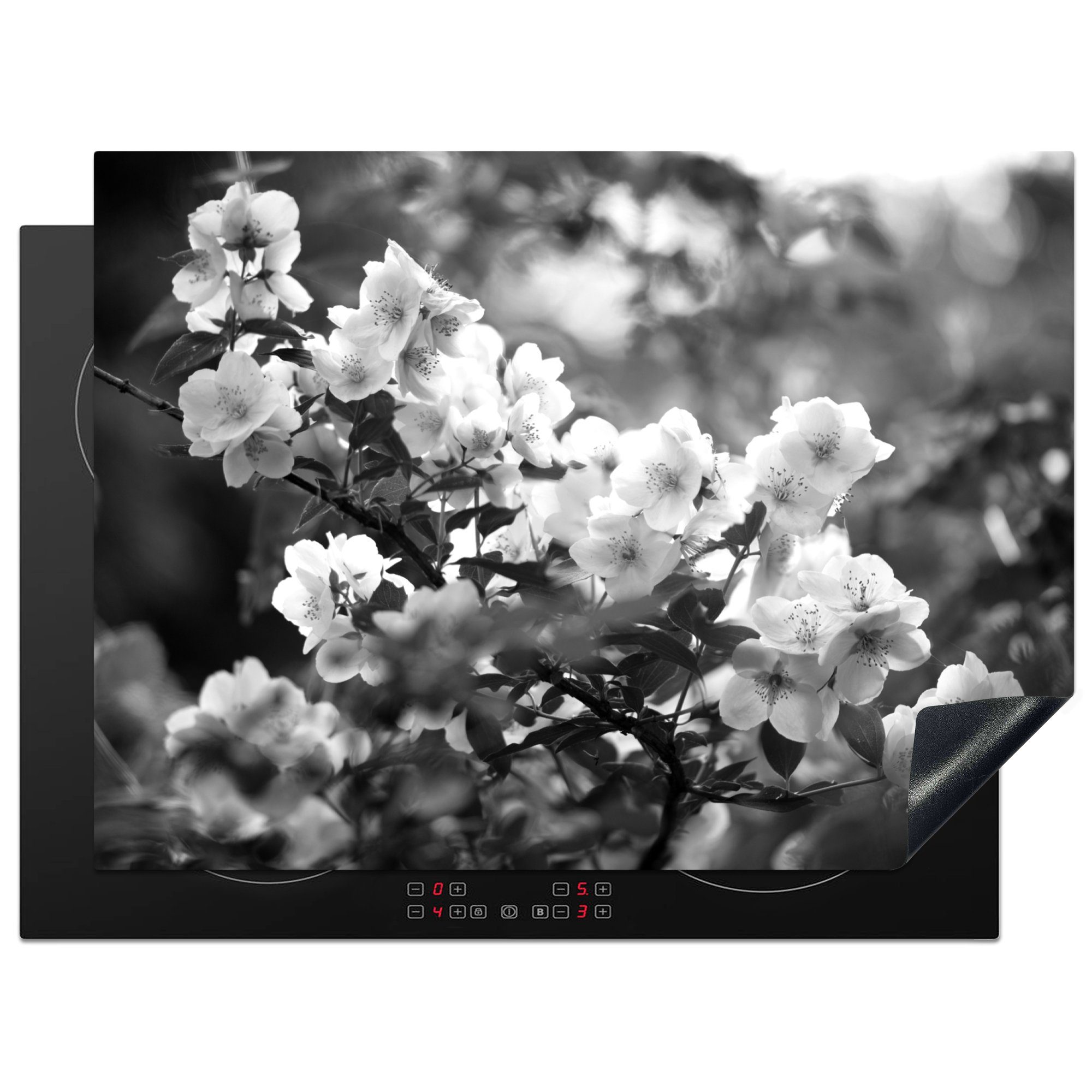 MuchoWow Herdblende-/Abdeckplatte Orangenblüte in Blüte - schwarz und weiß, Vinyl, (1 tlg), 70x52 cm, Mobile Arbeitsfläche nutzbar, Ceranfeldabdeckung