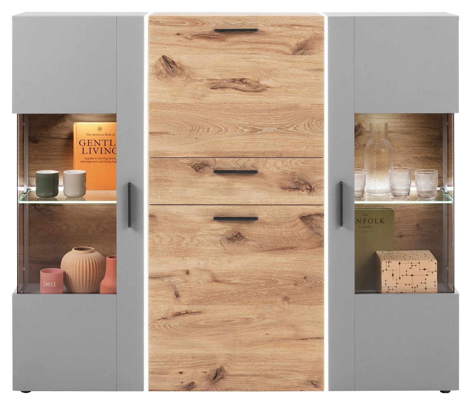 LIV'IN Highboard BAVENO, Hellgrau, Nox Eiche Dekor, 3 Türen, 1 Schublade, Soft-Close, LED-Frontbeleuchtung, B 152 x H 150 x T 37 cm